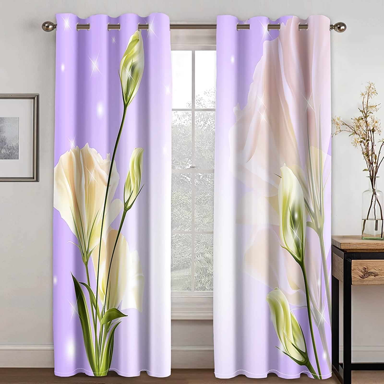 Zasłony do salonu w kwiaty, nowoczesne, fioletowe, żółte, zielone, poliestrowe, zestaw 2 sztuk, szer. 102 x wys. 229 cm