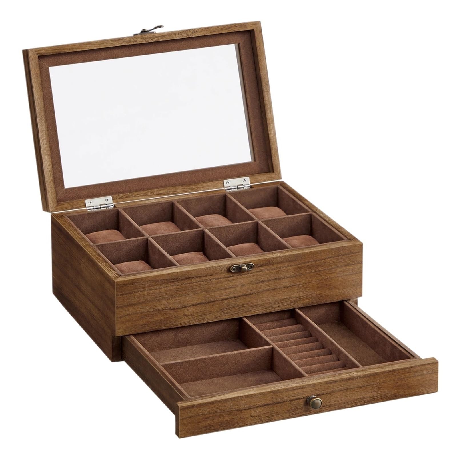 Cymmiyt Rustic Walnut Watch Box 8-Slot Watch Box, 2-Tier Display Case With Large Glass Lid, Velvet Lining, Jewelry
