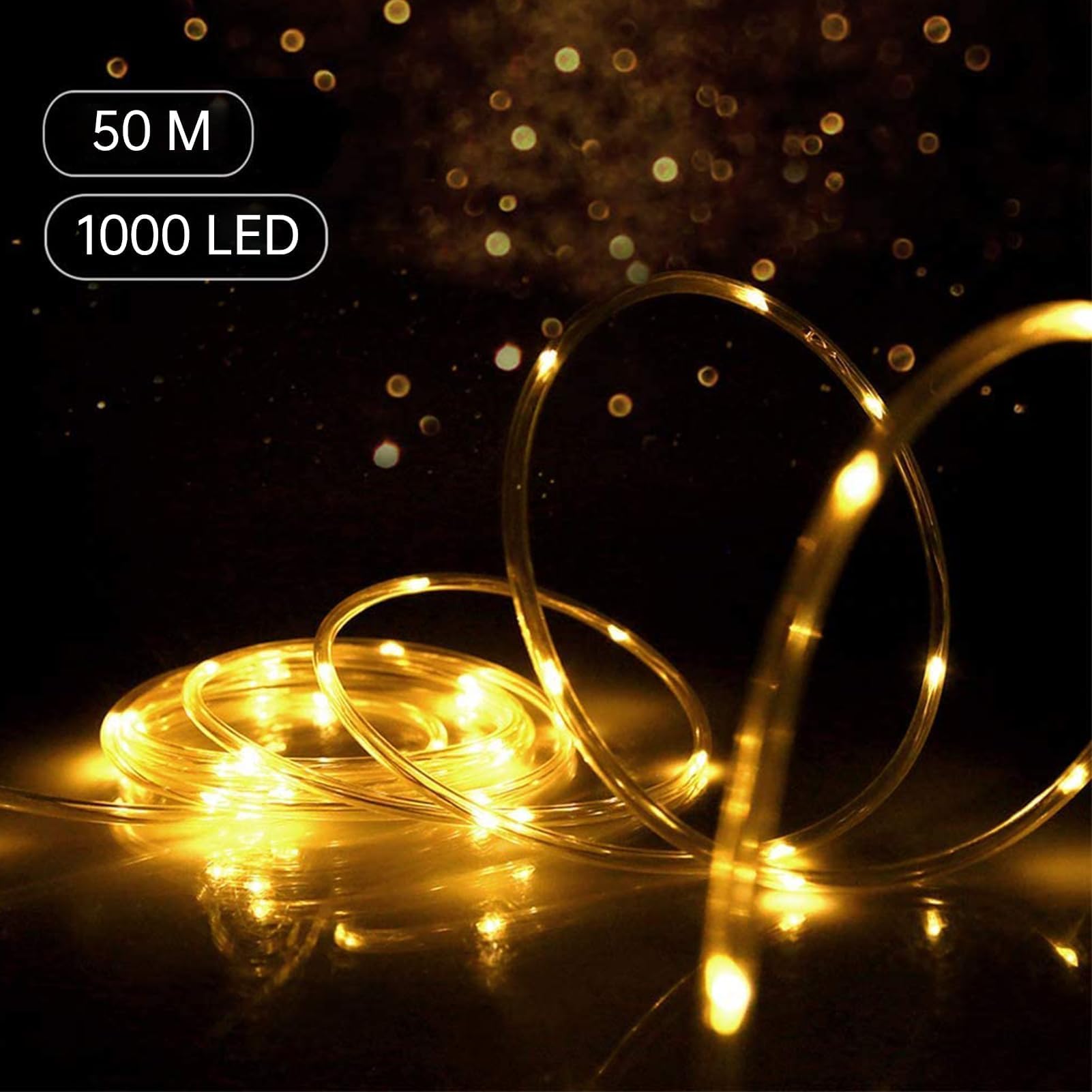 HAUSPROFI 50 m 1000 LED de luz para exteriores, luz blanca cálida, IP44, resistente al agua y regulable con mando a distancia, ideal para jardín, balcón y iluminación navideña, diámetro de 5 mm