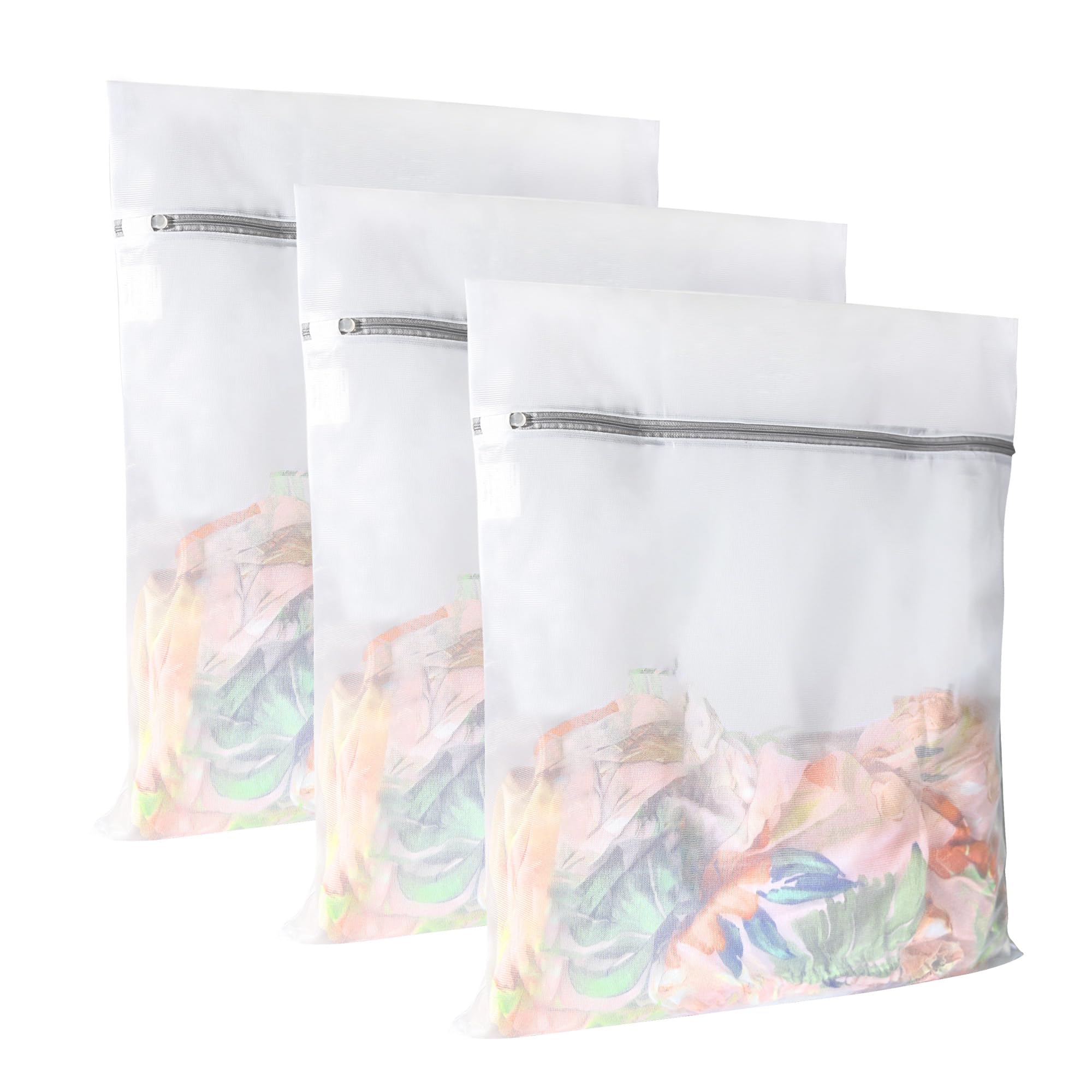 Laundry Bags for Washing Machines, 3 Pack Large Mesh Washing Bags (50 x 60cm), Durable Fine Net Wash Bags with Zipper Protection Elastic Band for Delicates, Clothes, Pet Bedding and Travel Storage