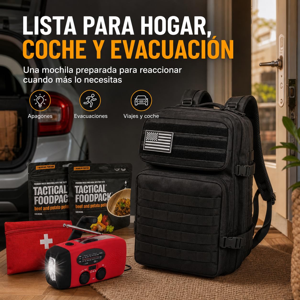 Mochila de Emergencia Equipada 72 Horas – Kit de Supervivencia UE con Comida Liofilizada, Radio Solar y Dinamo, Filtro de Agua y Primeros Auxilios – Mochila 50L Preparación Hogar y Evacuación