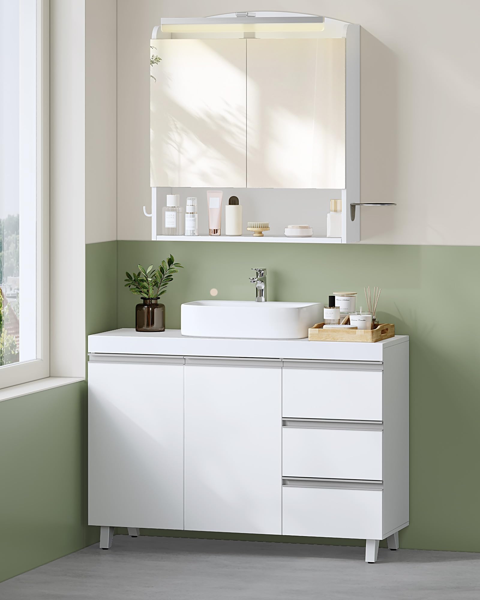 Hzuaneri Szafka pod umywalkę, meble łazienkowe, 2 drzwi, 3 szuflady, szafka dolna z regulowanymi półkami, wolnostojąca, 30 × 90 × 64 cm, biała, model BC29903X