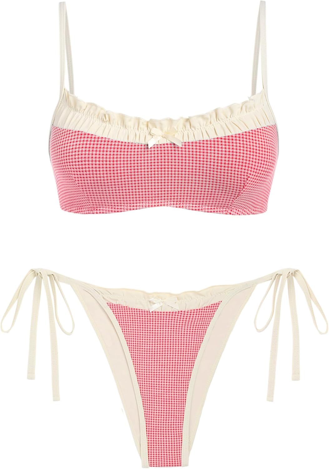 ZAFUL Bikini Sets for Women Plaid Ruffles Trim Swimsuit Sexy Tie Back Bowknot Triangle High Cut Tie Side Thong Bathing Suit