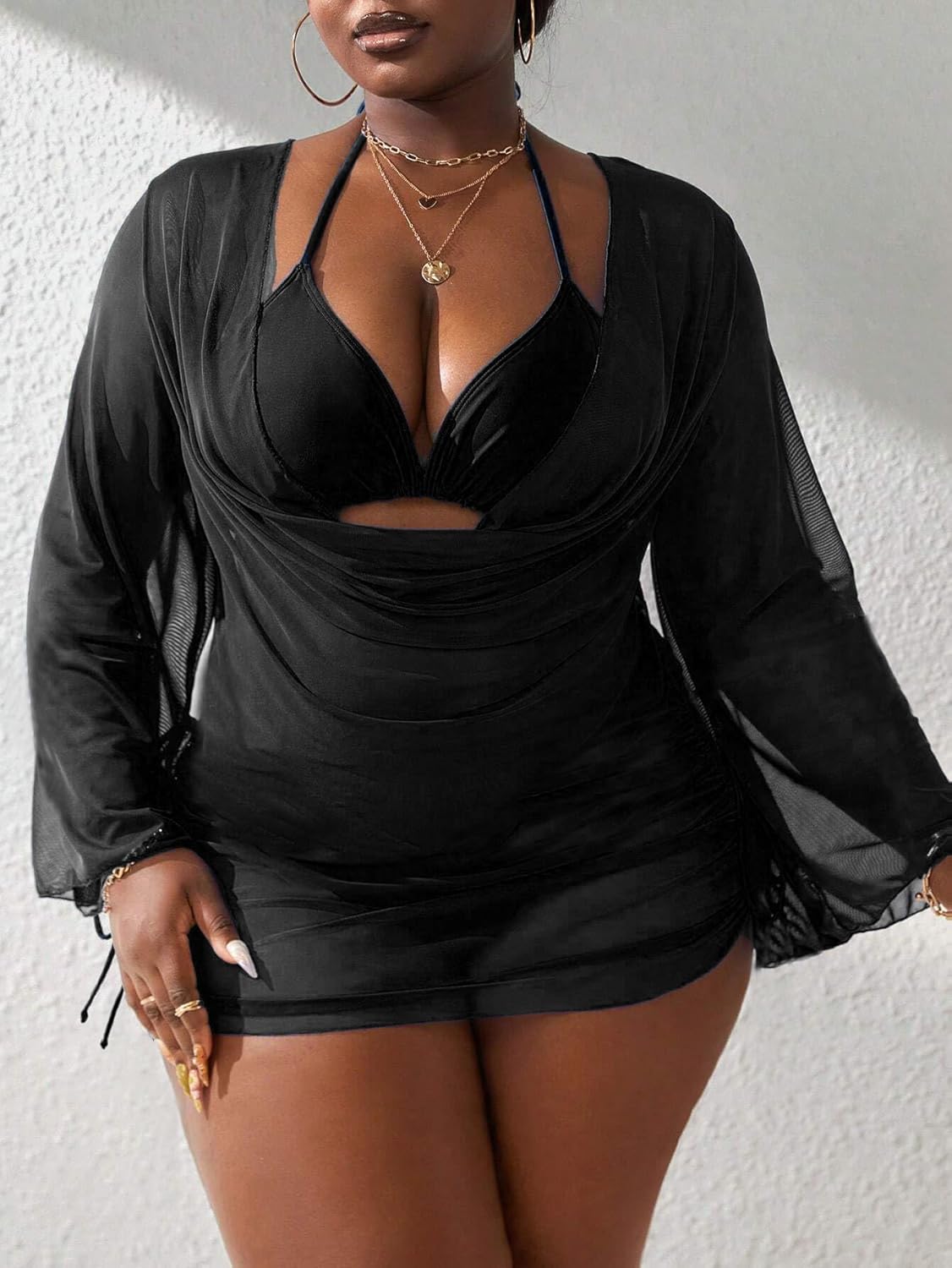 YELAIVP Women's Plus Size Halter String Triangle Bikini Sets 3 Piece Swimsuits with Side Ruched Drawstring Cover Up - Image 2