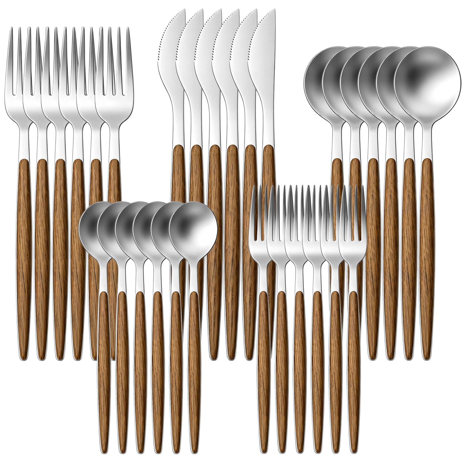 Photo 1 of Calolin 30 PCS Stainless Steel Silverware Set, Mirror Polished Flatware with Wood Look Tapered Plastic Handle, Cutlery Set for 6 Including Cutter Fork Spoon Teaspoon Dessert Fork