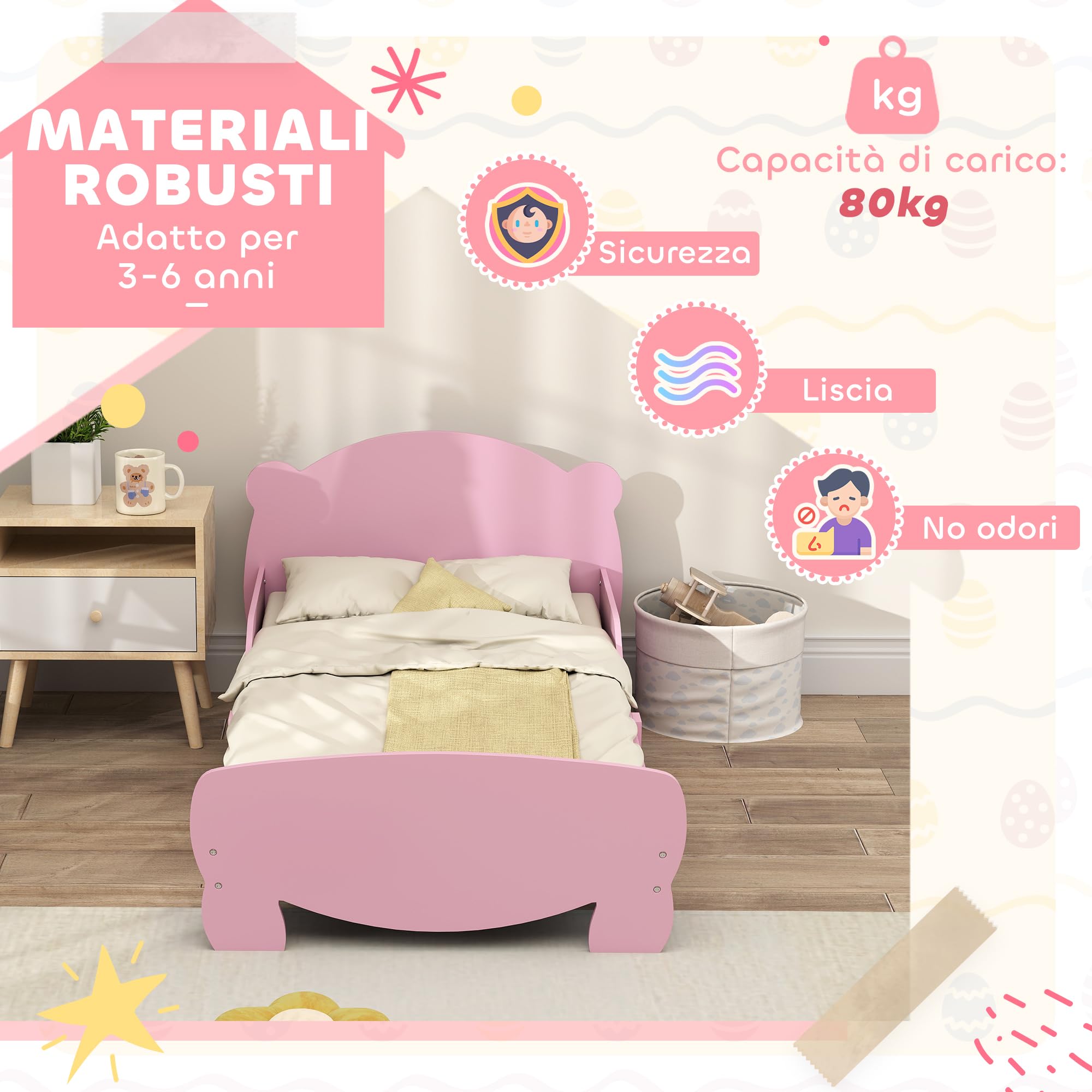 AIYAPLAY Letto Montessori Bambini 140x70 cm Lettino Singolo con Sponde Anti-Caduta Rosa