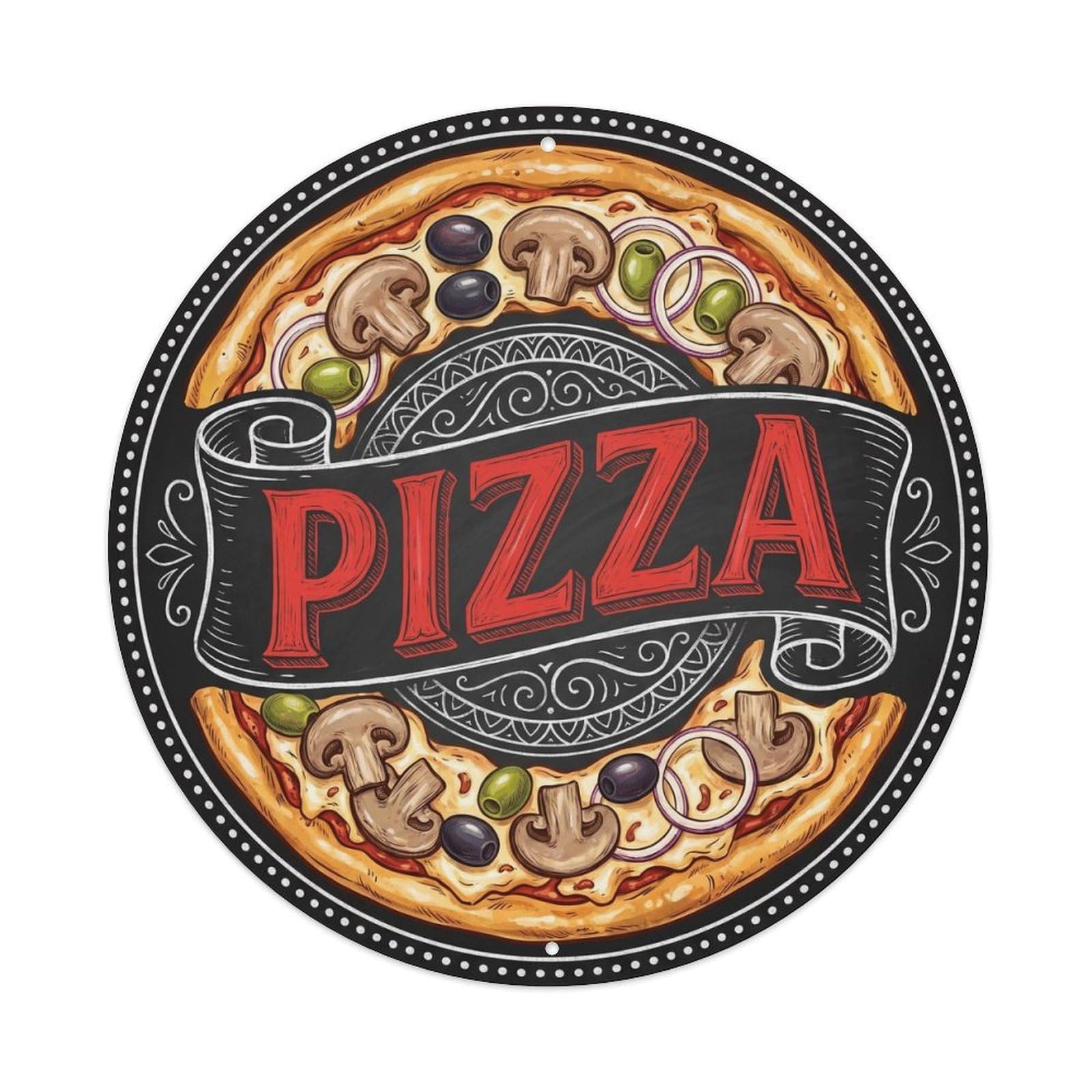 Pizza Mushroom Olive Onion Food Illustration Metal Tin Sign