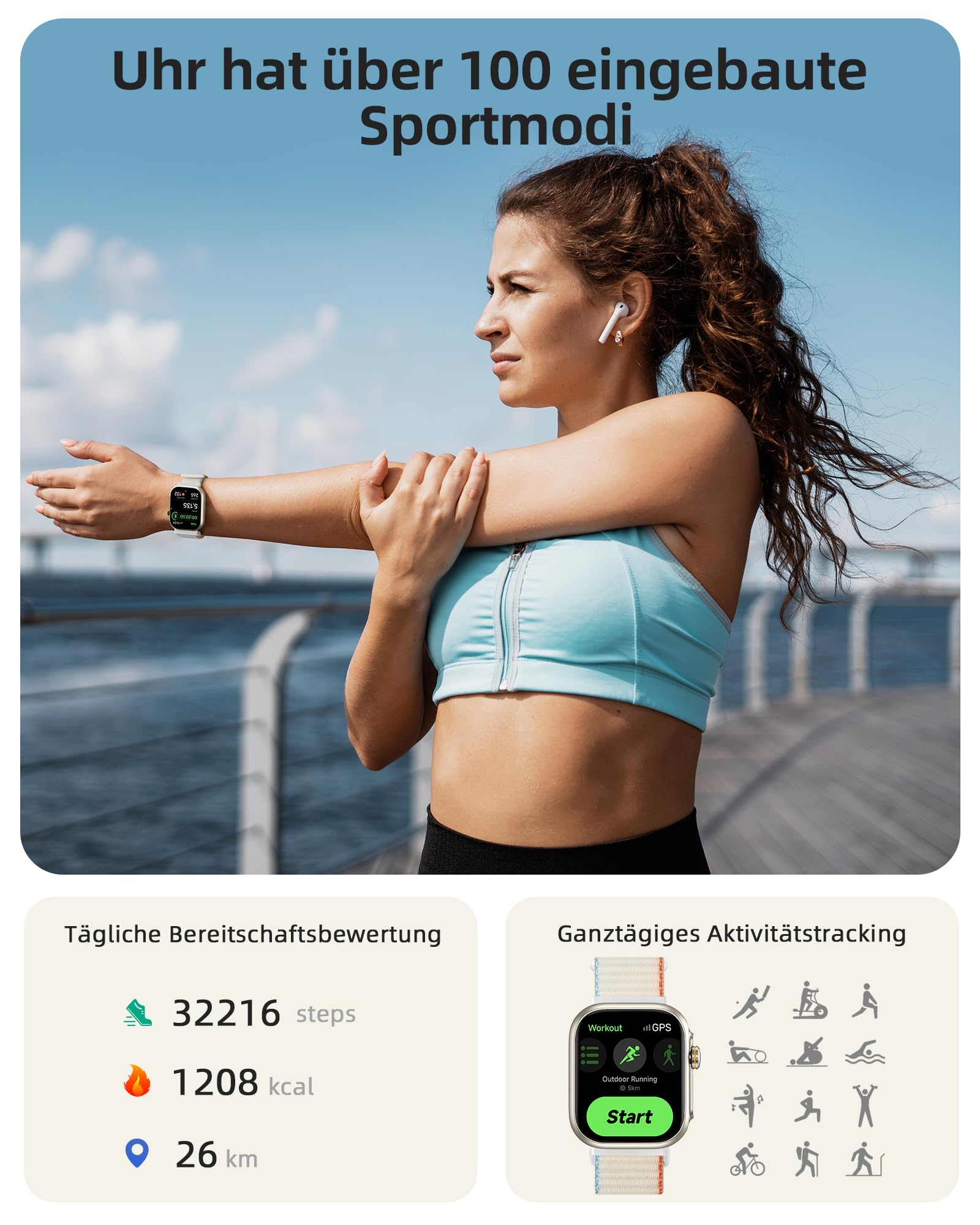 Parsonver Smartwatch mit Eingebautes GPS, 30M Schwimmend Wasserdicht | 1,85" Fitnessuhr mit Telefonfunktion, Fitness Watch mit 100+ Sportmodi, Herzfrequenz, Schlafen, für Android/iOS, Sternsilber