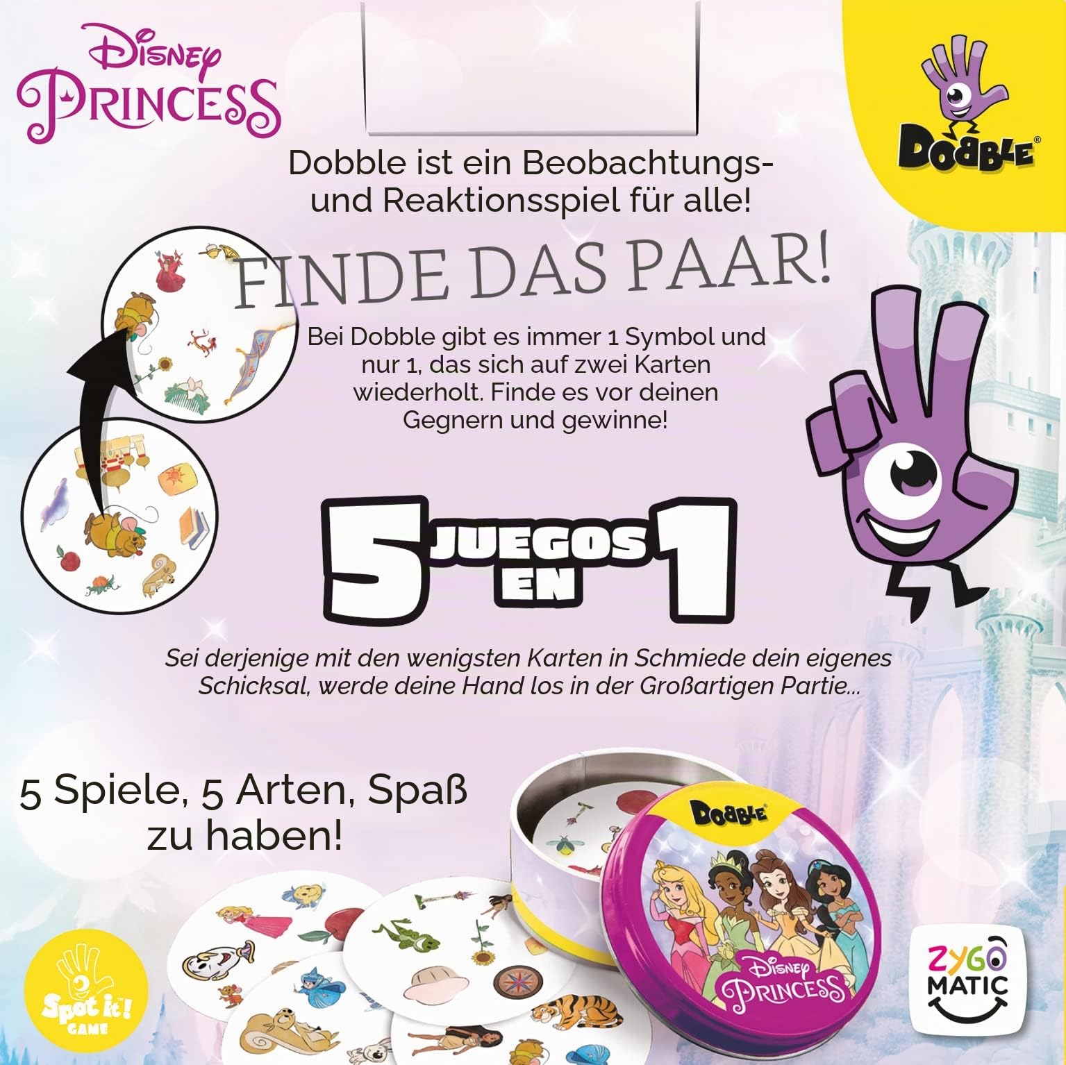 Zygomatic Dobble Disney Princess, Action- und Reflexions-Kartenspiel, ab 4 Jahren, für 2 bis 8 Spieler, 15 Minuten pro Spiel, Spanisch – Ansicht 3