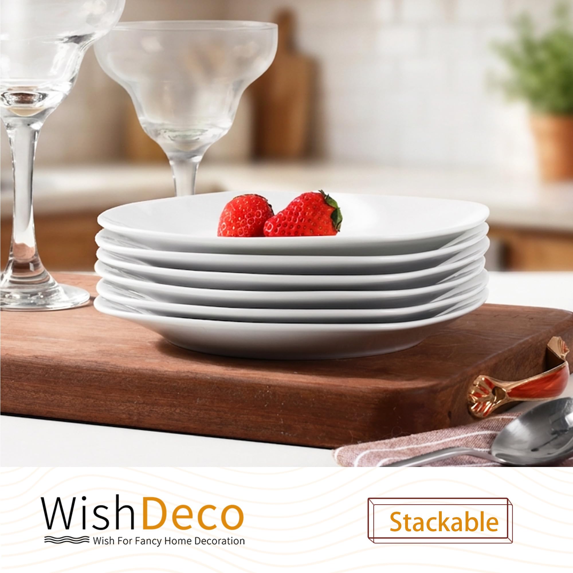 WishDeco Set di 6 piatti da insalata bianchi, piccoli piatti da dessert da 20 cm, piatti quadrati in ceramica per antipasti, piatti piani in porcellana per torte, waffle, pasta