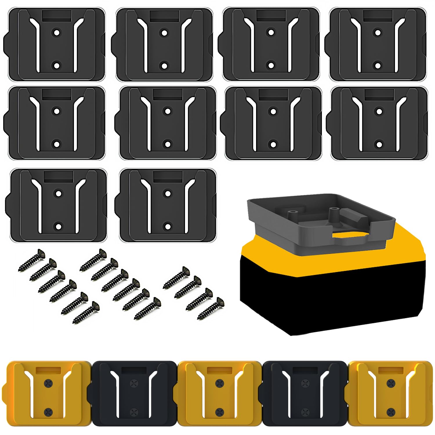 Gijok Battery Rack Compatible with DeWalt 20V Battery Holder, Battery Garage Tool, for Dewallt 20v Tools, Wall Displlackay Hook Holder (10PCS, Black)