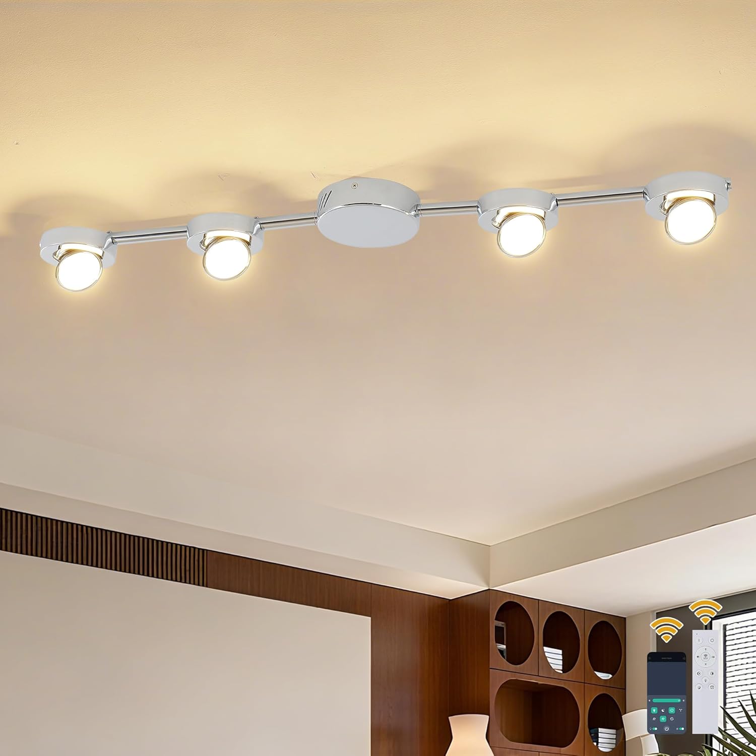 Qcyuui Track Lighting 4-Light LED Track Lighting Fixtures Ceiling Dimmable Kitchen Ceiling Light with Remote Brushed Nickel Rotatable Heads Ceiling Spotlight Wall Light for Bedroom Living Room