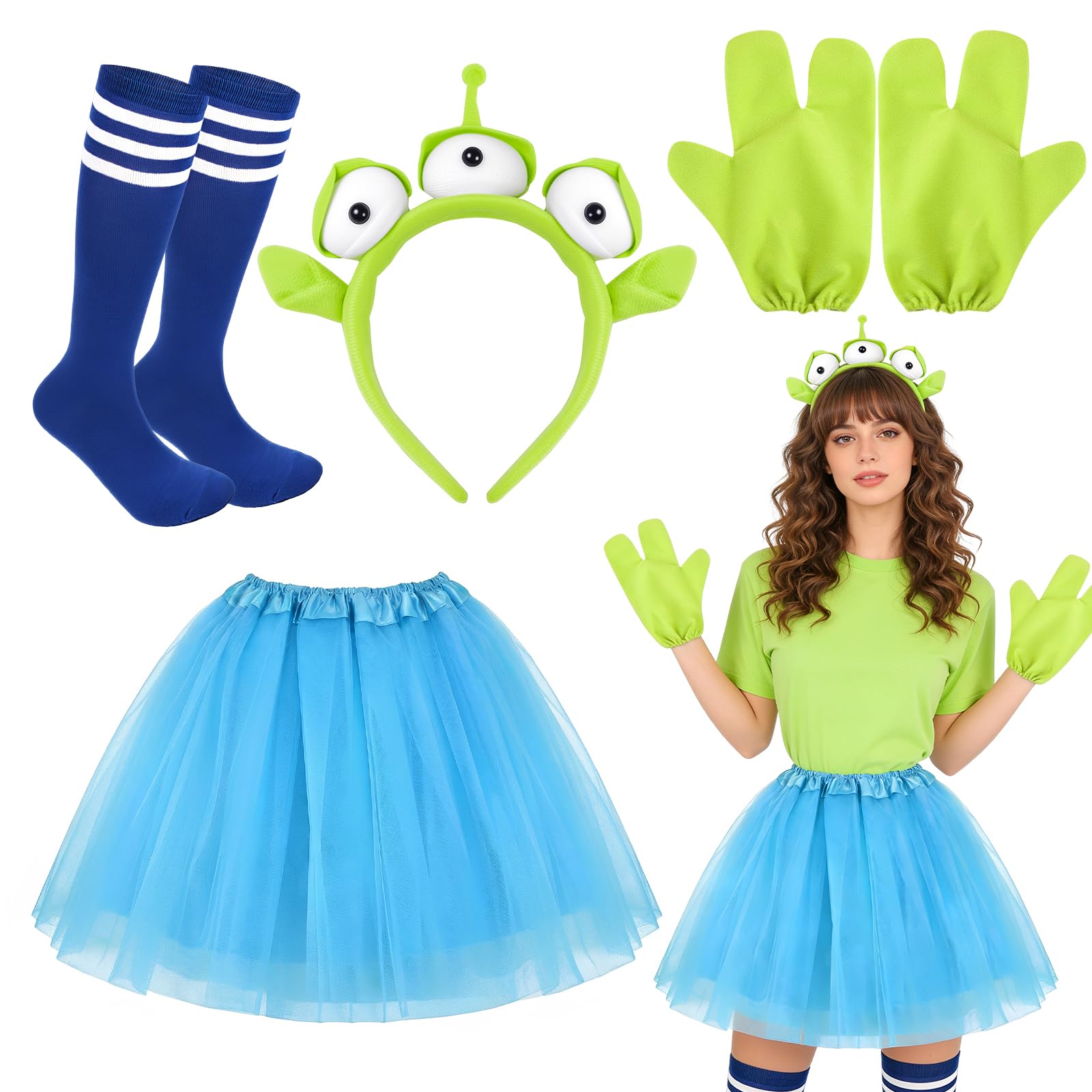 4Pcs Three-Eyed Alien Costume Set, Alien Fancy Dress Kit with Three-Eyed Headband, Matching Gloves, Tutu Skirt, Striped Socks, Funny Aliens Accessories for Cosplay Party Dress Up Day Halloween