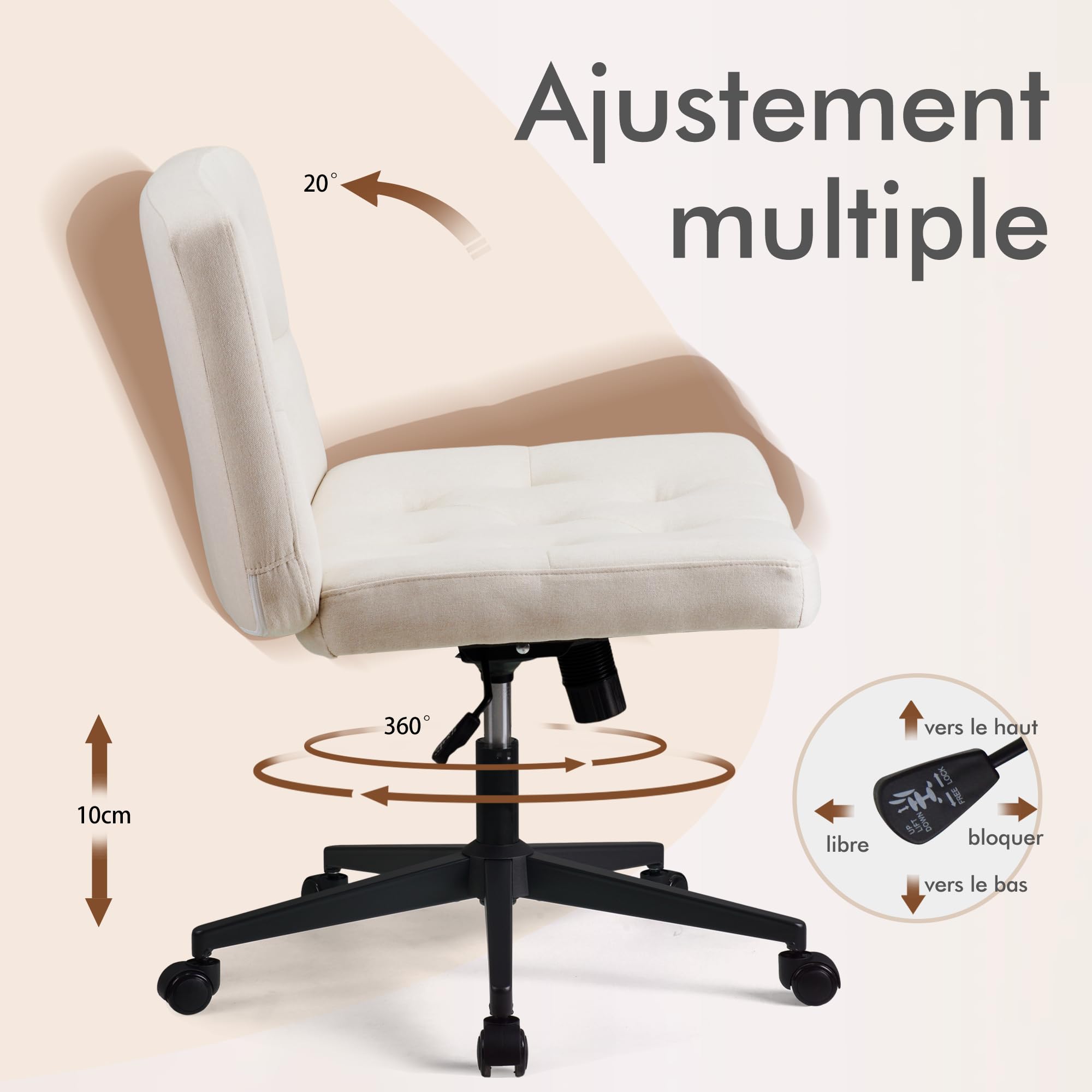 Chaise de Bureau sans Bras à Dossier Moyen, Chaise de Maquillage Extra-Large, Chaise à Pieds croisés réglable en Hauteur, Chaise Commode Confortable(Beige)