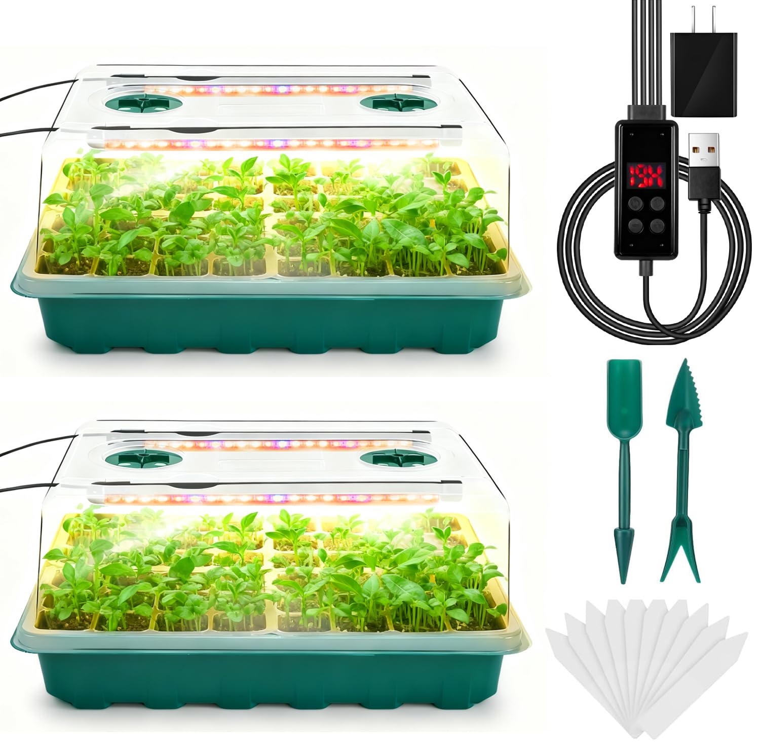 Ryscam Seed Starter Tray with Grow Light, 96-Cell Seed Starter Kit, Seedling Starter Trays with Humidity Domes, Automatic Timer, Adjustable Light Indoor Gardening Plant Germination Trays