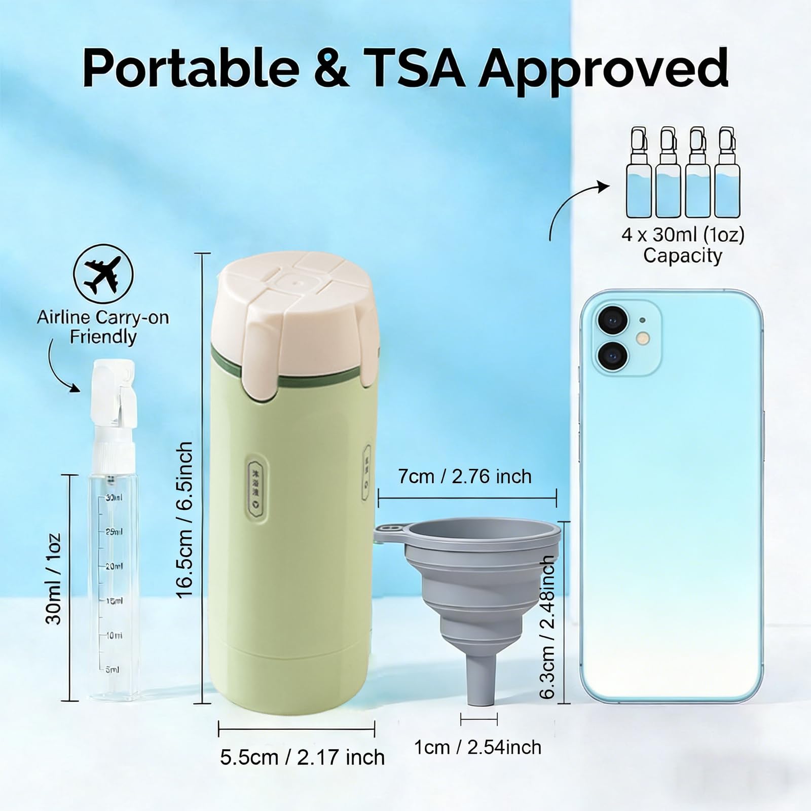 Dispenser da viaggio 4 in 1, ricaricabile, con scala ed etichetta, contenitore portatile a prova di perdite, per shampoo, lozioni, balsamo, crema liquida (verde)