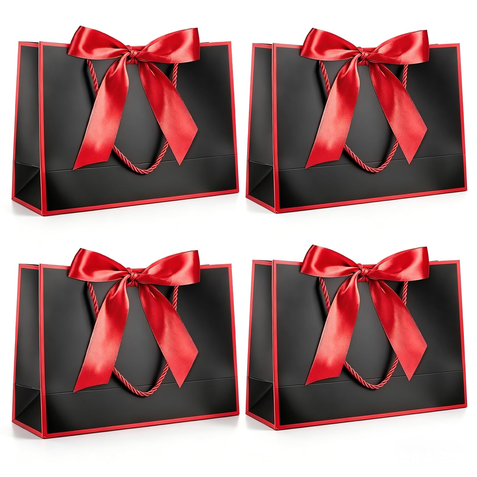 Yiran 4Pcs Medium Black Red Gift Bag with Greeting Handles and Ribbon for Girls Boys Men Womne Wedding Party Birthday Christmas Valentines Wrapping Bag Decorations Supplies