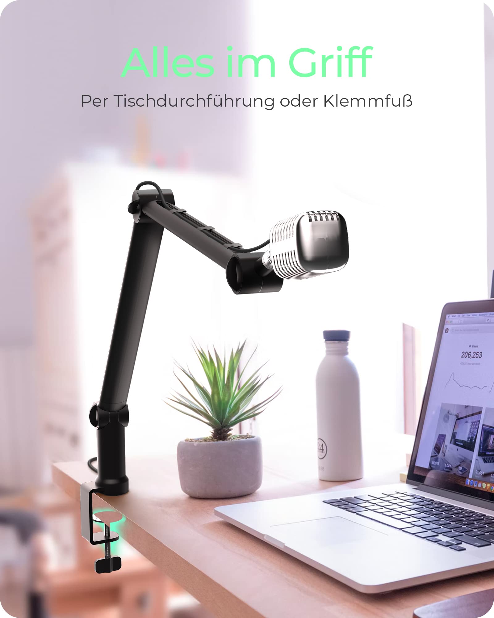 ICY BOX Professioneller Mikrofon-Arm mit Tischhalterung, 360 degree drehbar, 3/8 '' bis 5/8 '' Adapter, Kabelmanagement, für Blue Yeti, Blue Snowball, HyperX QuadCast und viele mehr, 60872, Schwarz