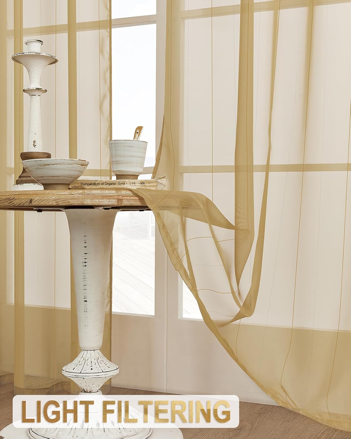 Foil Stripe Gold Sheer Curtains 108 inches Length 2 Panels with Grommets 52 inches Widith, Semi Transparant Curtains for Living Room and Multiple Rooms, Light Filtering Window Treatment