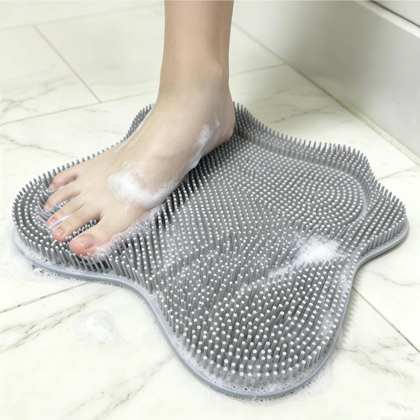 Veyuli Shower Foot Scrubber Mat with Strong Suction Cups – 3D Silicone Foot Washer for Shower, Deep Exfoliating Massage for Feet Cleaner & Back Washing, Non-Slip for Floor, Tile, Glass (Grey)