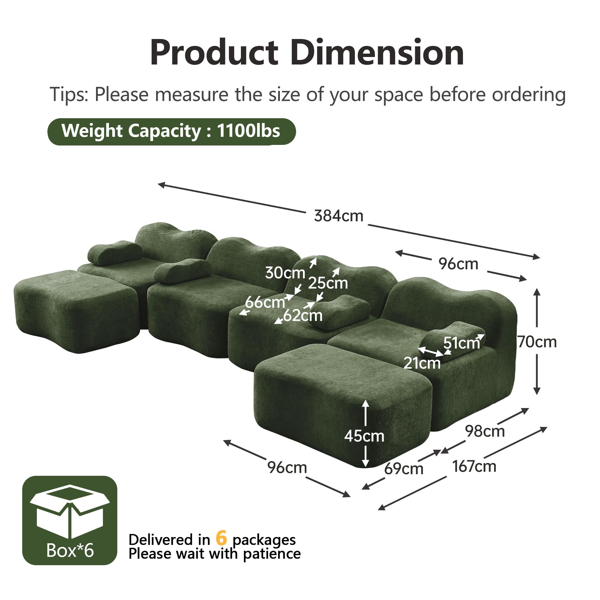 Boneless Sofa 4 Sitzer U-Form mit 2 Ottomans, Modulares Cloud Sofa ohne Aufbau, Wellenform, 32D Schaum, Tiefe Sitzfläche, Bewegliches Armkissen, für Wohnzimmer, Grün