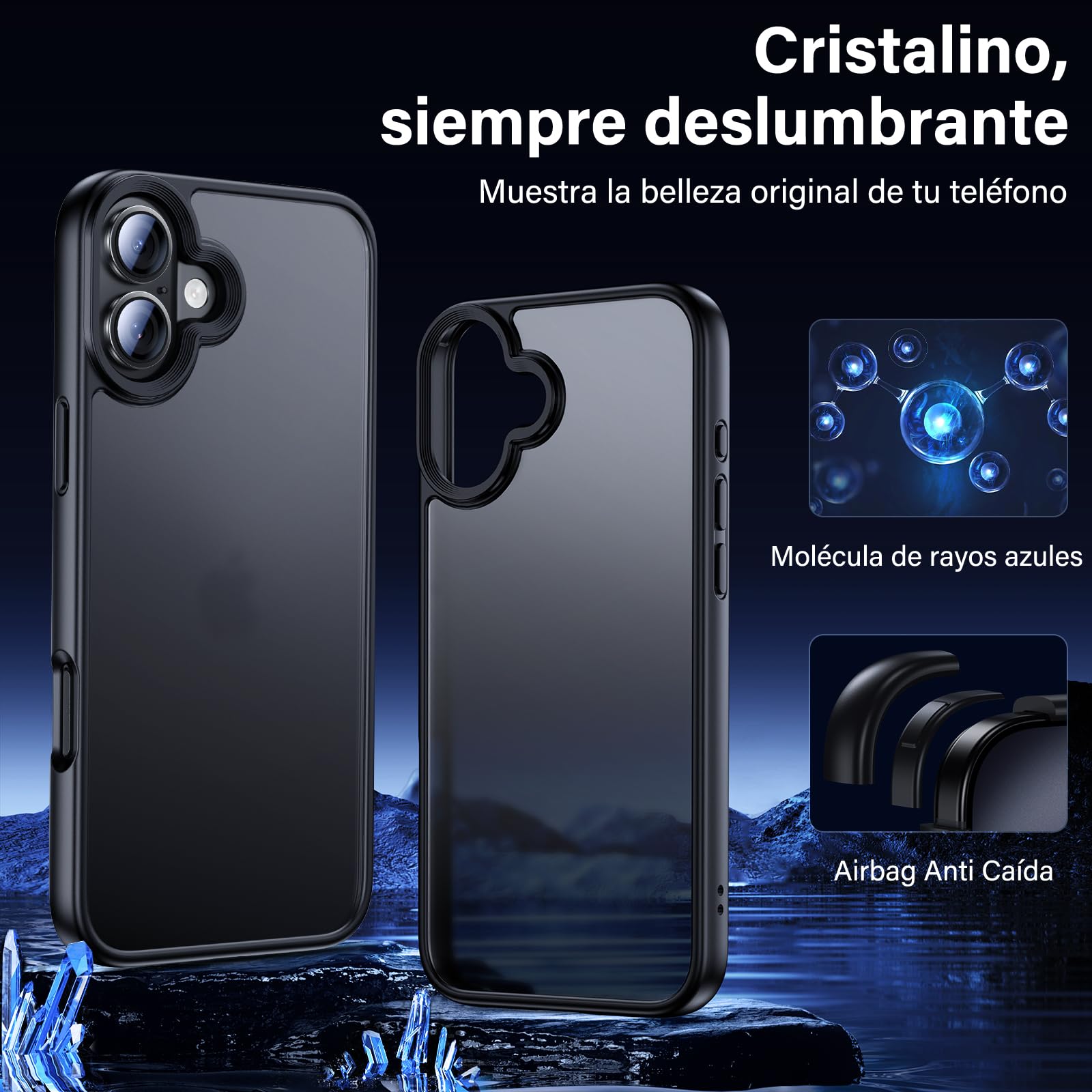 UniqueMe Para iPhone 16 Funda - Case para iPhone 16 Case,5 en 1 Set Cover Protection,1 Funda & 2 Protector Pantalla & 2 Protector de Cámara - Negro
