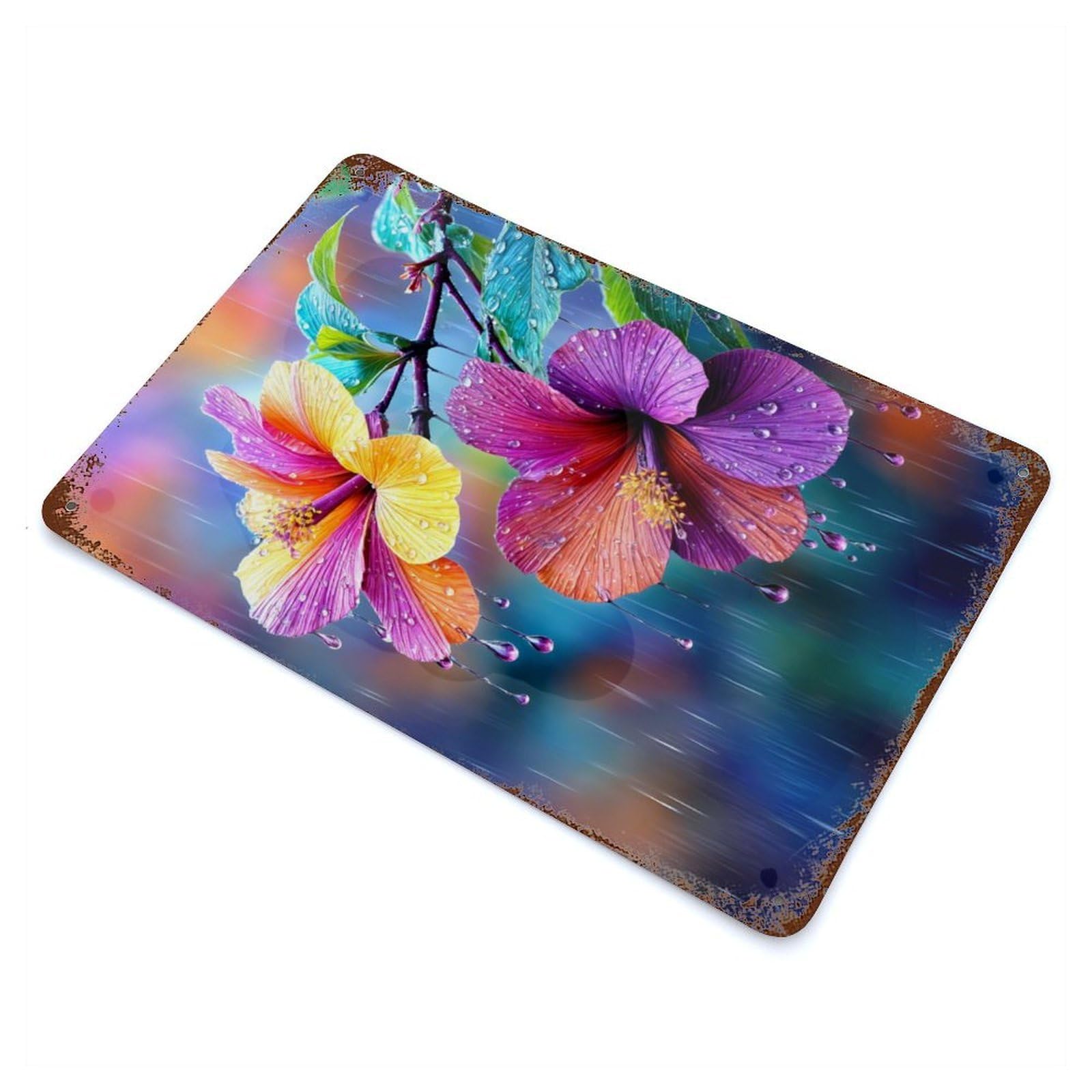 Weathered Tin Sign with Hibiscus Flower Garden Art Design 11.8"x7.9", for Garage, Bar And Workshop Decor, Decorative Metal Wall Art