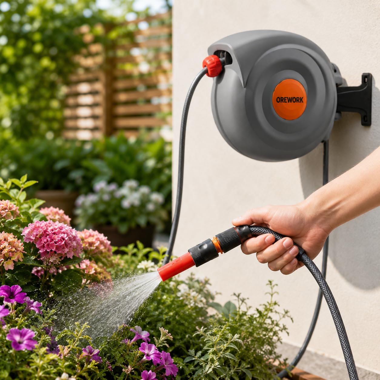 OREWORK Enrollador Automático de Manguera, 20 m, Diámetro 12 mm, con Muelle Retráctil, Soporte de Pared, Lanza de Riego