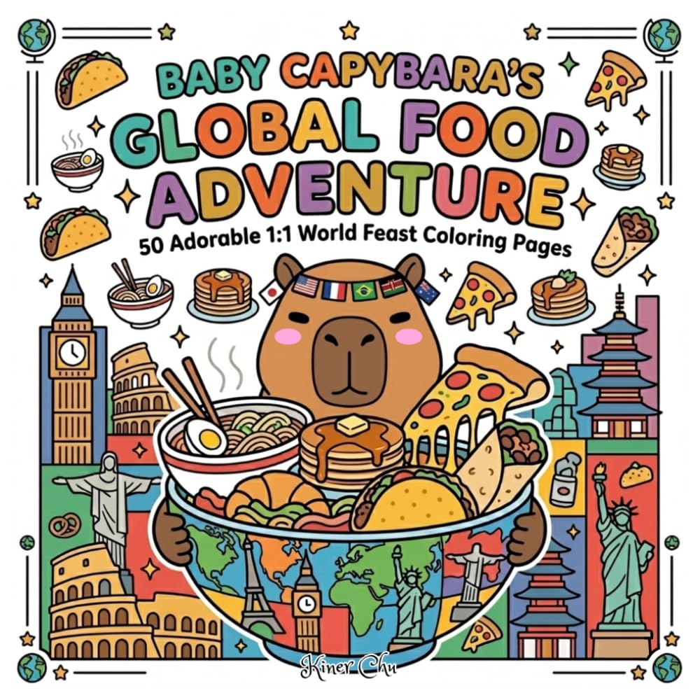 Baby Capybara's Global Food Adventure: 50 Adorable 1:1 World Feast Coloring Pages for Little Foodies