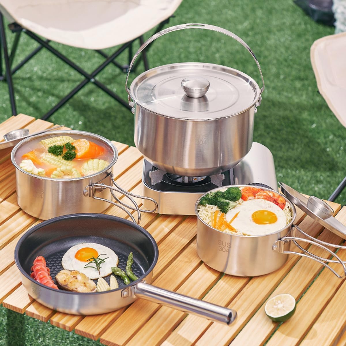 Camping Kochgeschirr Set, Töpfe und Pfannen für Lagerfeuer Kochen, inkl. Reisetasche für 4-6 Personen
