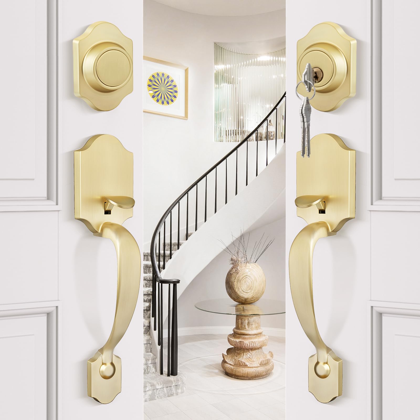 Goldenwarm Double Front Door Lock Set, Gold Double Door Handlewith