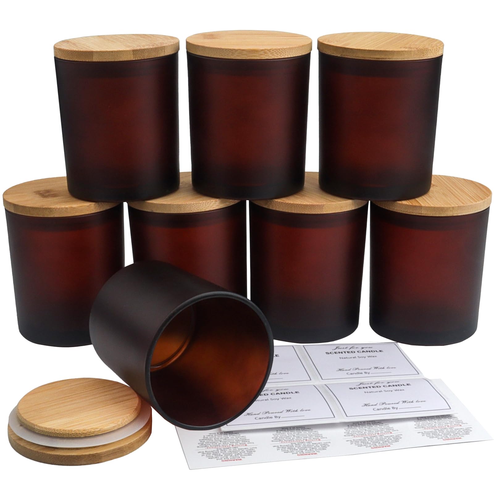 Roellgs 8 Pack 10 OZ Matte Candle Jars with Bamboo Lids, Thick Glass Empty Jars for Making Candles - Dishwasher Safe, in Bulk. (Matte Brown)