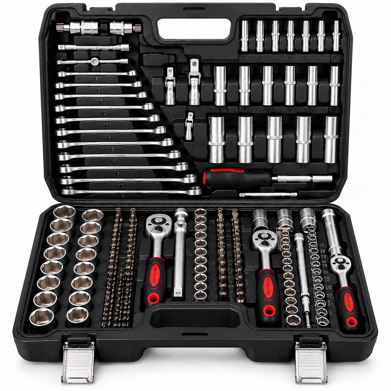 A.M.C. Coffret à outils 216 pièces – Kit de clés à douille, cliquet, douilles, embouts et clés mixtes – Mallette professionnelle complète pour voiture, moto, vélo et bricolage