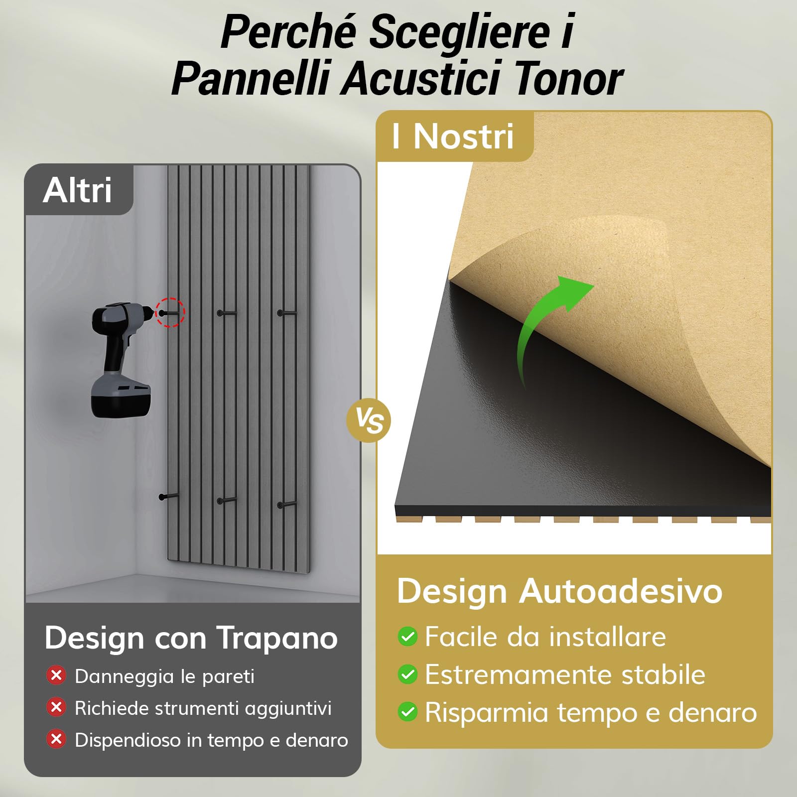 TONOR Set di 4 Pannelli Fonoassorbenti in Bambù Per Pareti, 110 x 52 x 1,7 cm Pannelli Acustici a Doghe Con Adesivo Completo, Pannello Insonorizzante per Parete Tv, Arredamento D'Interni, Casa, Porte
