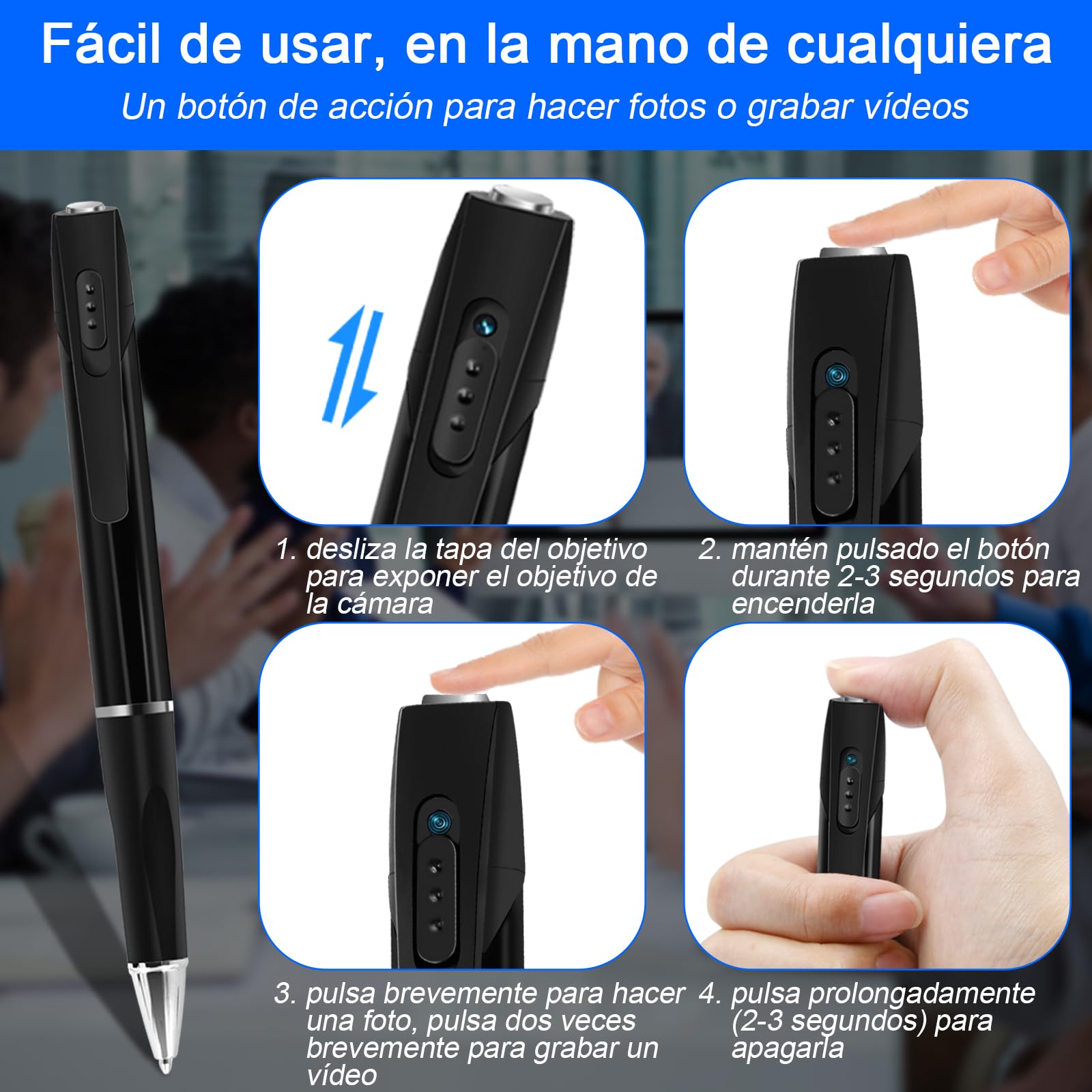 CYI Mini Camara Espia Oculta, Bolígrafo Espia con Cámara y Grabadora HD1080P, Microcamara Espia sin Cable Camufladas Incluye microSD de 32 GB para Interiores/Exteriores, oficinas, hogares, etc.