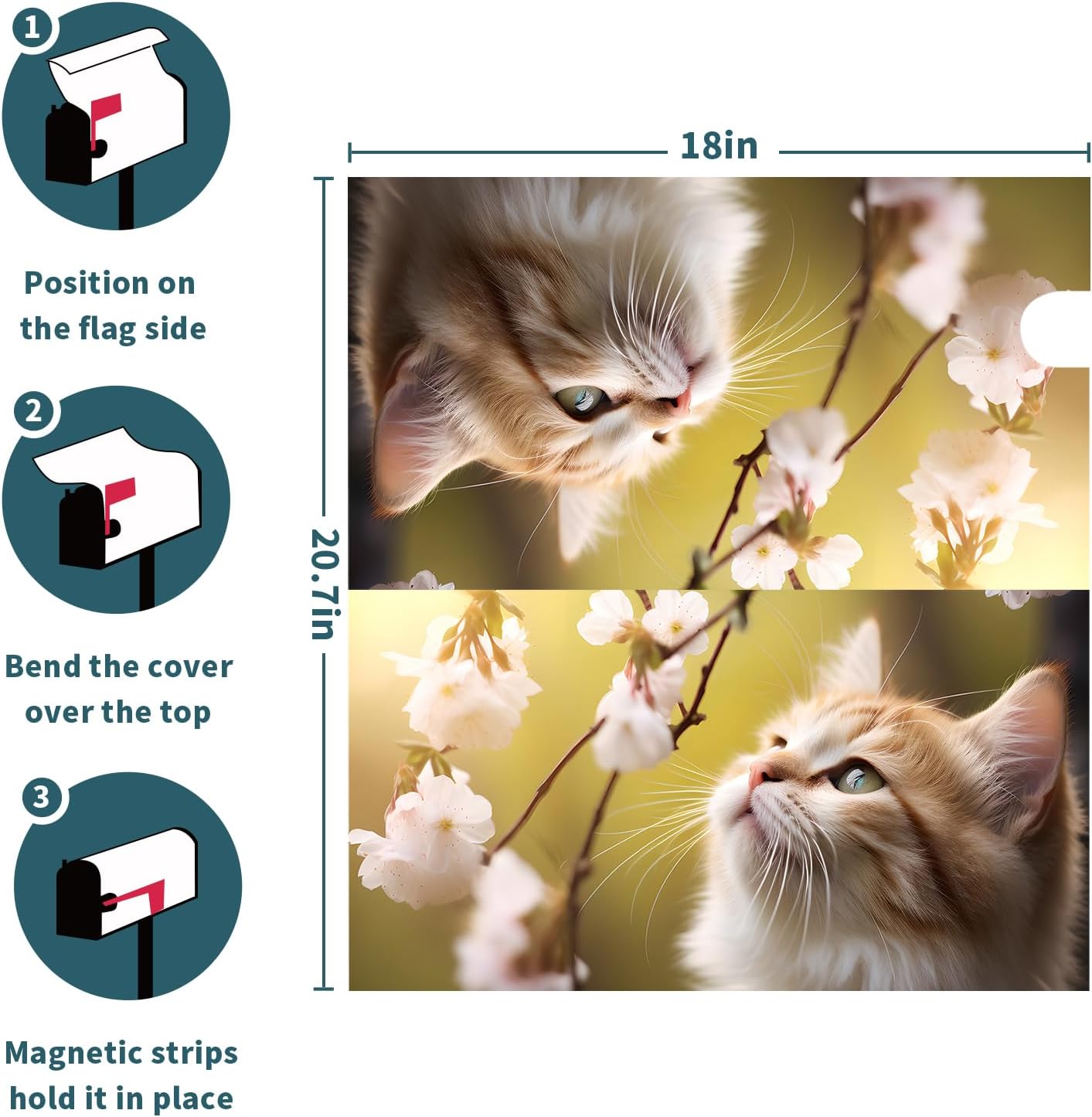 Floral Cat Magnetic Mailbox Cover - Kitten Animal Pattern Art Desgin Welcome Spring Flowers Post Box Cover Wrap Decoration Garden Outdoor Standard Size 21 x 18 in