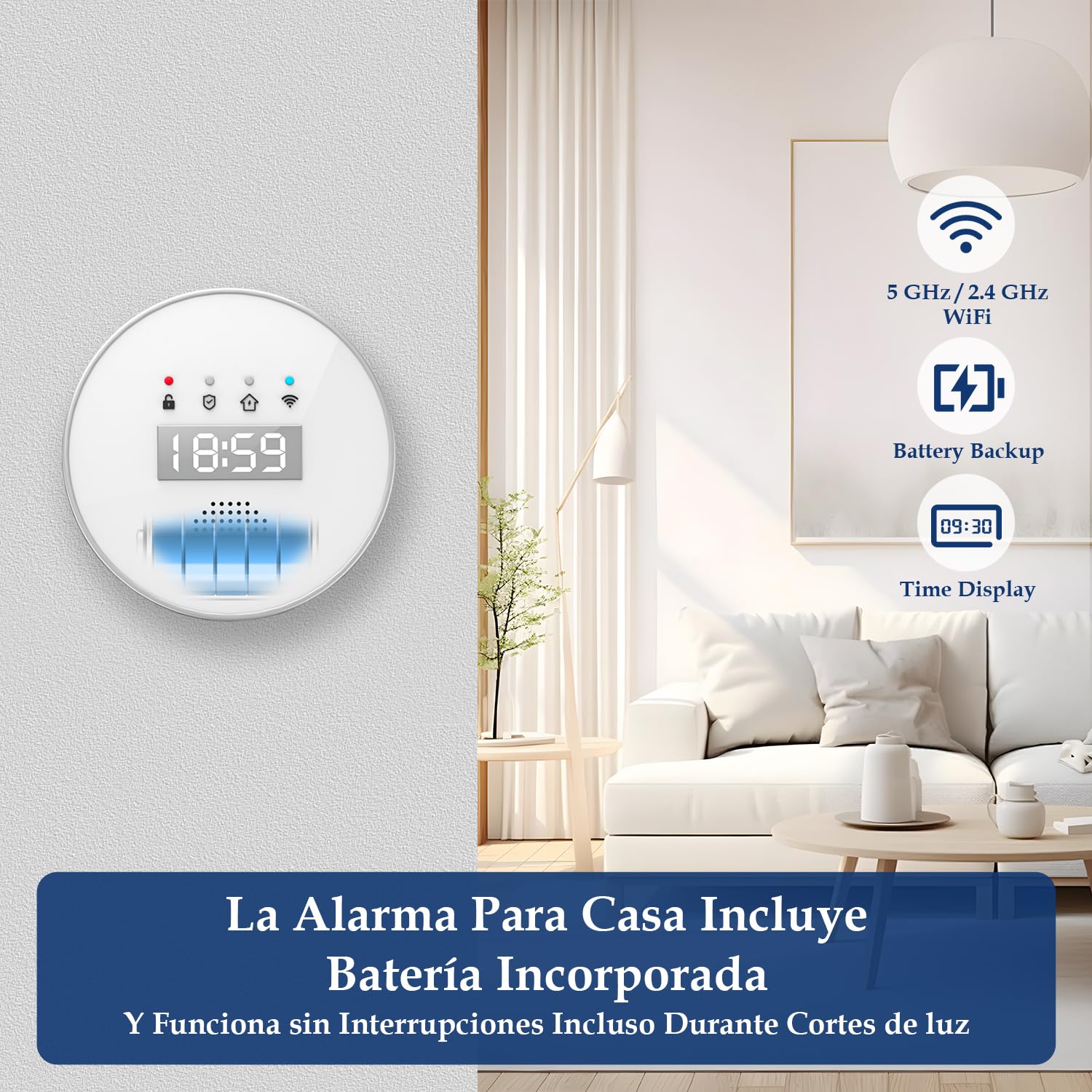 YISEELE Alarma para casa: Kit Alarma casa 5 GHz WiFi - con Reloj y App Gratis - Completo 1 Sirena 125dB - 6 Sensores Puerta/Ventana - 2 Mandos - 1 Central - Compatible con Alexa y Google Home