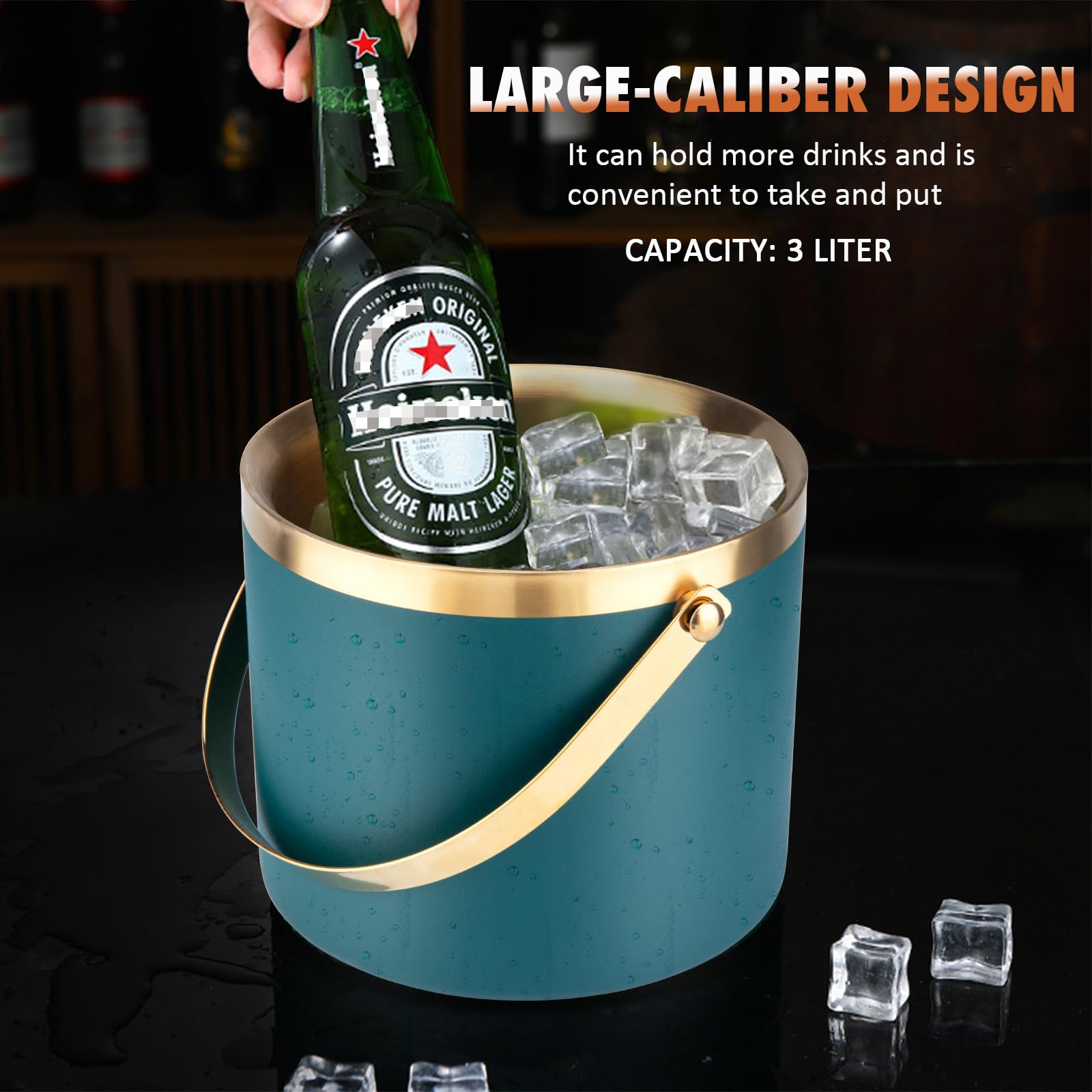 Cubitera de hielo de acero inoxidable de 3 litros, cubos de hielo para fiestas con tapa, cubo de hielo para bar de cócteles