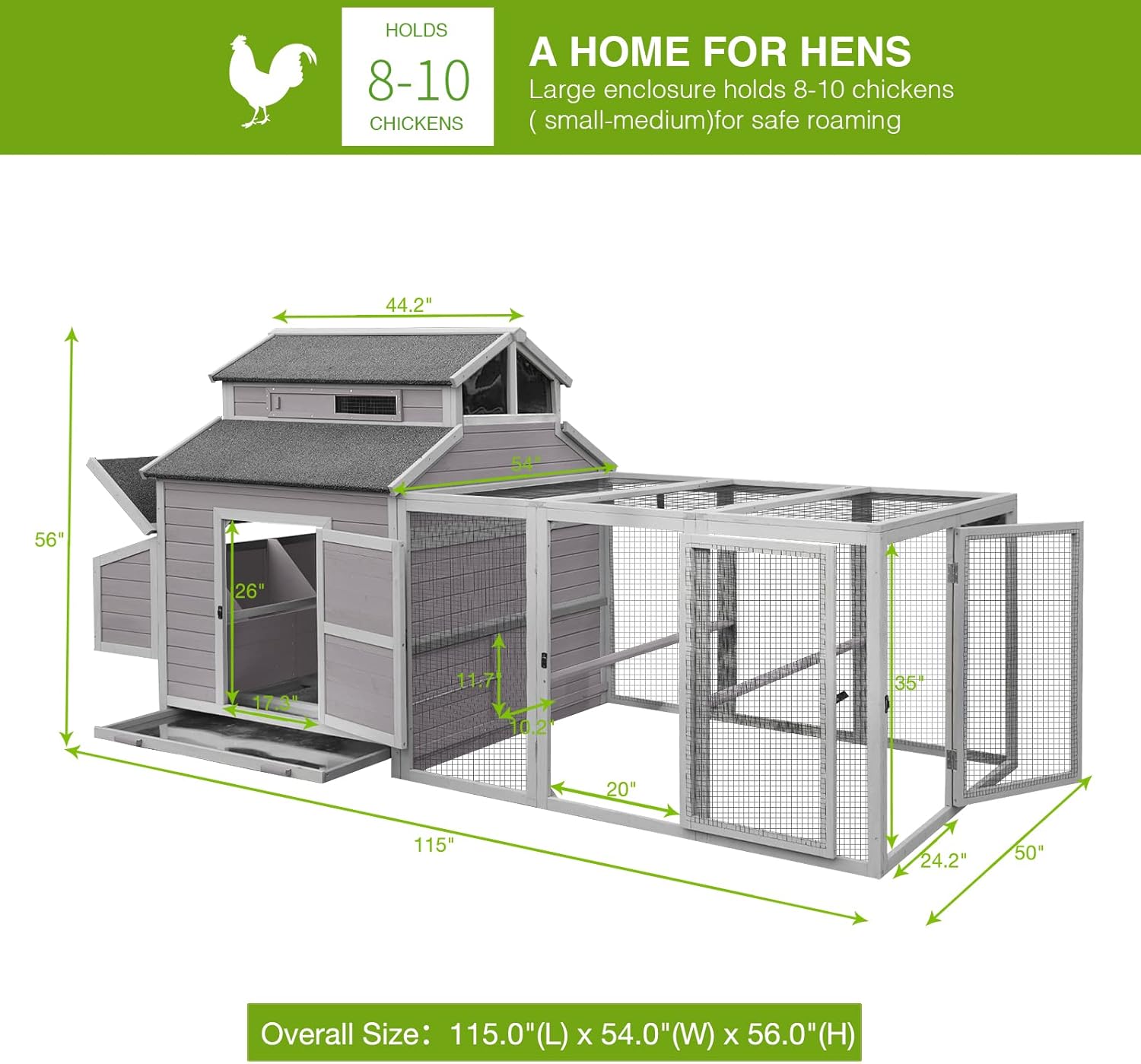GUTINNEEN Chicken Coop Large Hen House for 8-10 Chickens Wooden Poultry Cage with Run and Nesting Box 115in