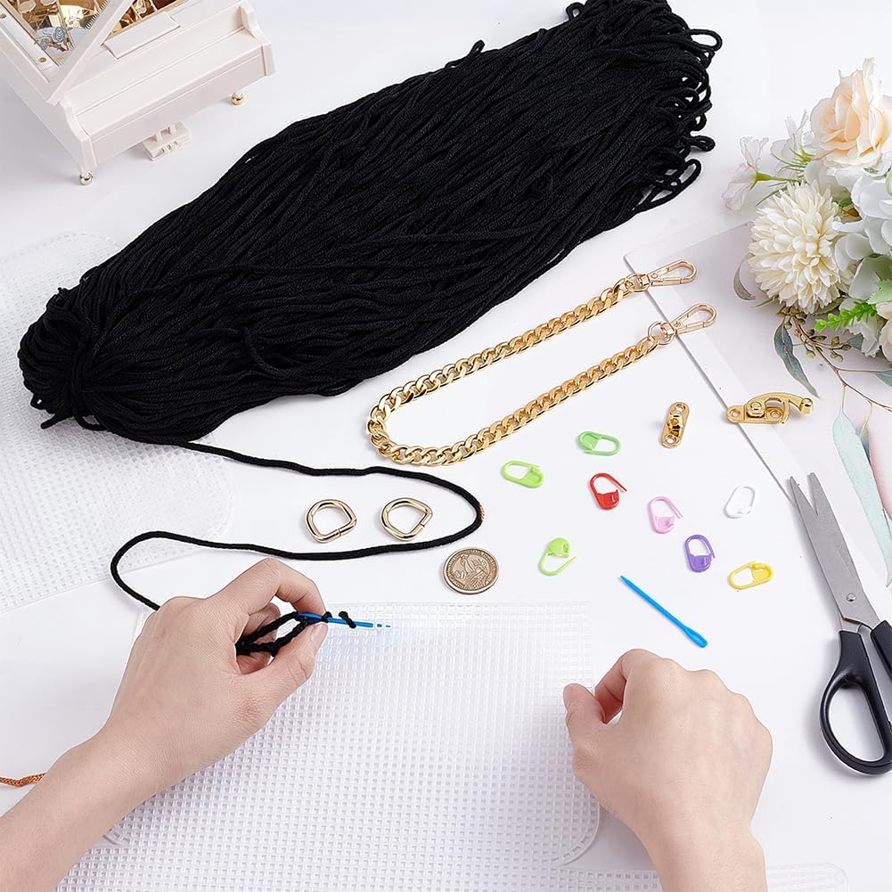 FREEBLOSS DIY Plastic Mesh Canvas Bag Kit Blank Mesh Canvas Sheets for Embroidery Needlepoint Craft Kit DIY Crafting Handbag Accessories with Acrylic Yarn for Purse Making, Black