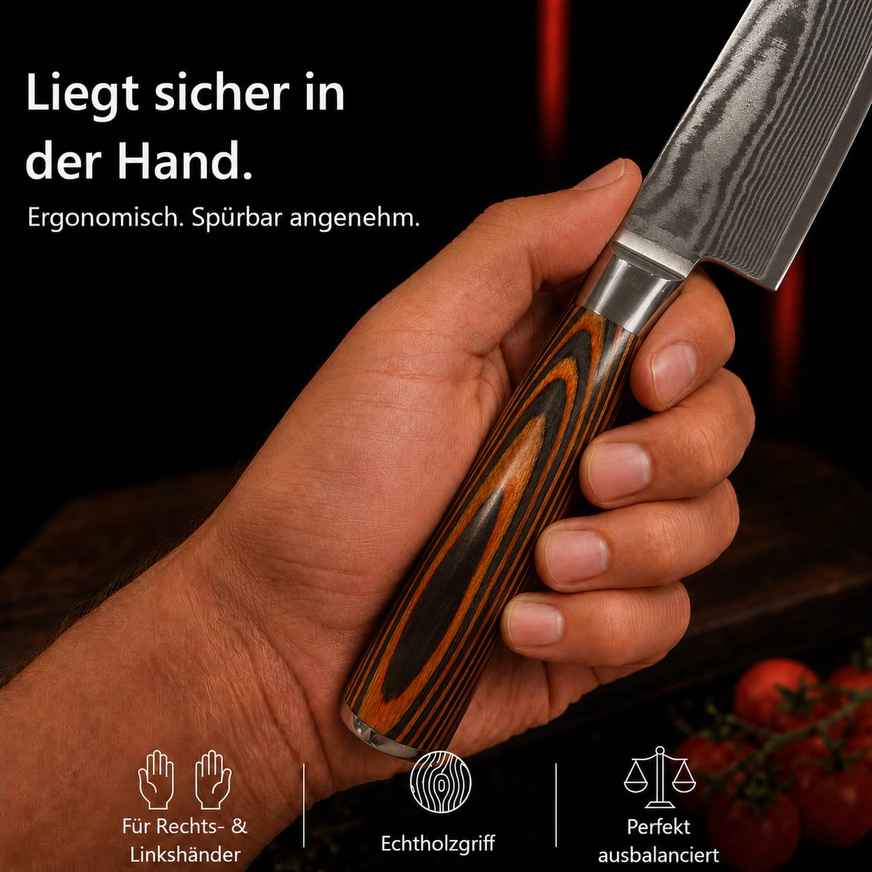 Wolfblood Damastmesser Küchenmesser XL (32cm) TÜV geprüfter 62 HRC Damaststahl aus 67 Lagen I Damast-Küchenmesser Chefmesser Kochmesser mit Holzgriff Geschenkbox und Klingenschutz