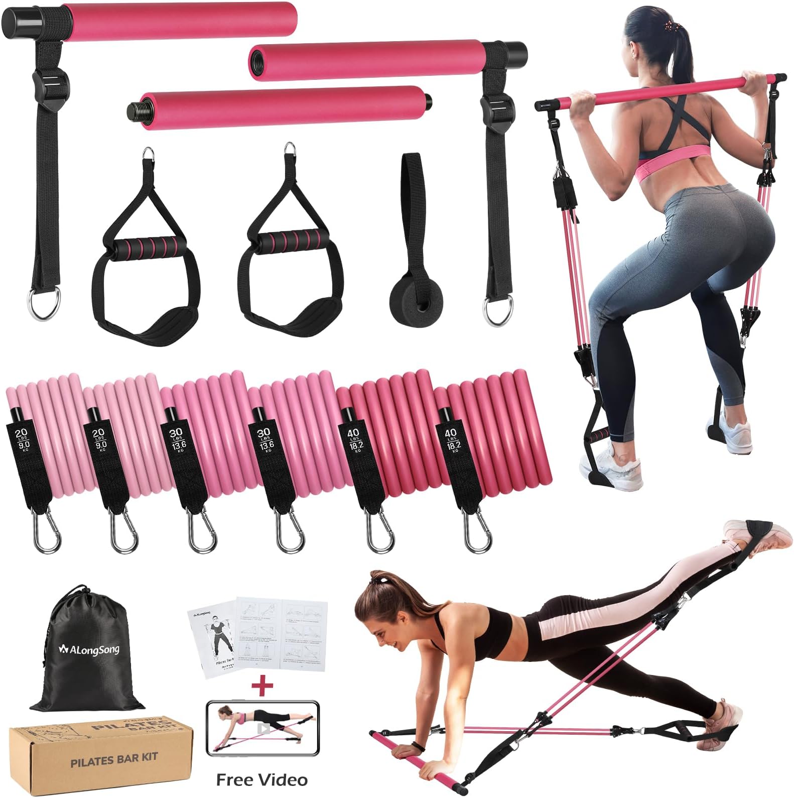 ALongSong Pilates Equipment Pilates Reformer Bar Set With 6 Elastic Resistance Bands 180LBS/240LBS/360LBS & Door Anchor for Full-Body Fitness Toning & Muscle Building | Home Workout/Gym/Travel