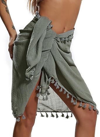 Eicolorte Beach Sarong Pareo Womens Semi-Sheer Swimwear Cover Ups Short Skirt with Tassels