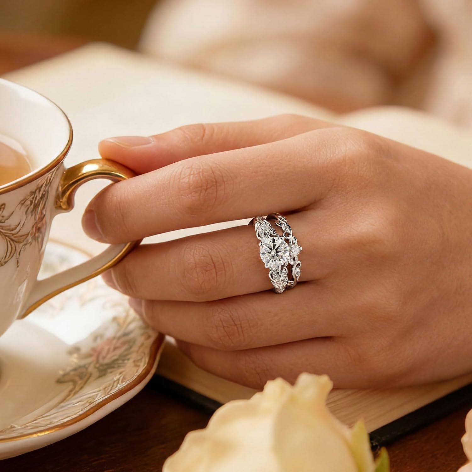 SHELOVES Floral Moissanite Wedding Ring Sets for Women Solitaire Round Engagement Rings Art Deco White Gold Plated Silver Sz 5-10