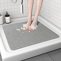 Tchdio Non-Slip Shower Mat 24x24 Grey - No Suction Cups, Exfoliating Loofah Surface, Quick-Dry for Textured Floors & Wet Areas