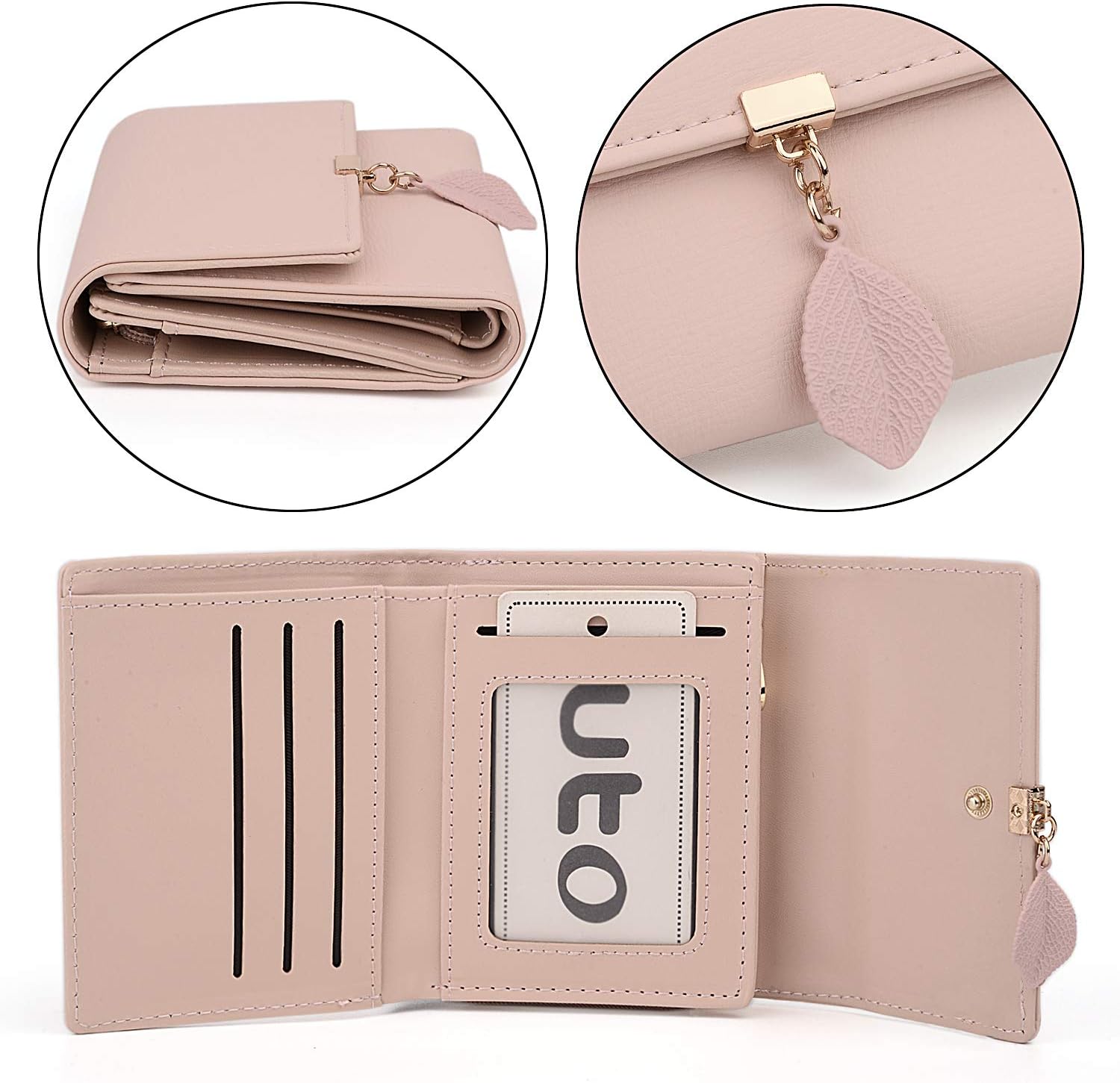 UTO Ladies Purses RFID Blocking Wallets for Women with Zipper Coin Pocket 6 Card Slots Leaf Pendant Faux Leather Pink Matte - Image 5