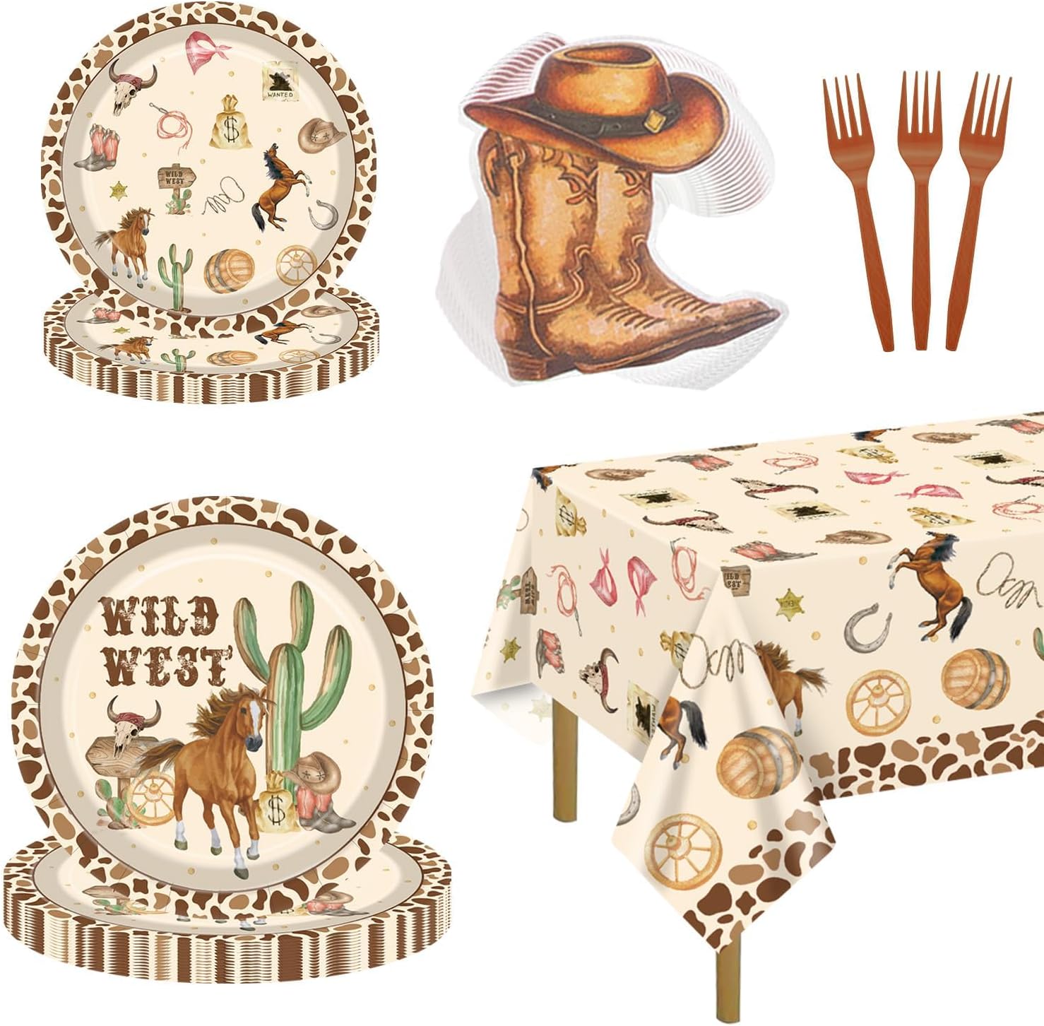 81 PCS Western Cowboy Plates Set for 20 Guests, Including Cowboy Tablecloth, Forks, Napkins and Plates for Wild West Rodeo Birthday Decorations Western Party Decorations