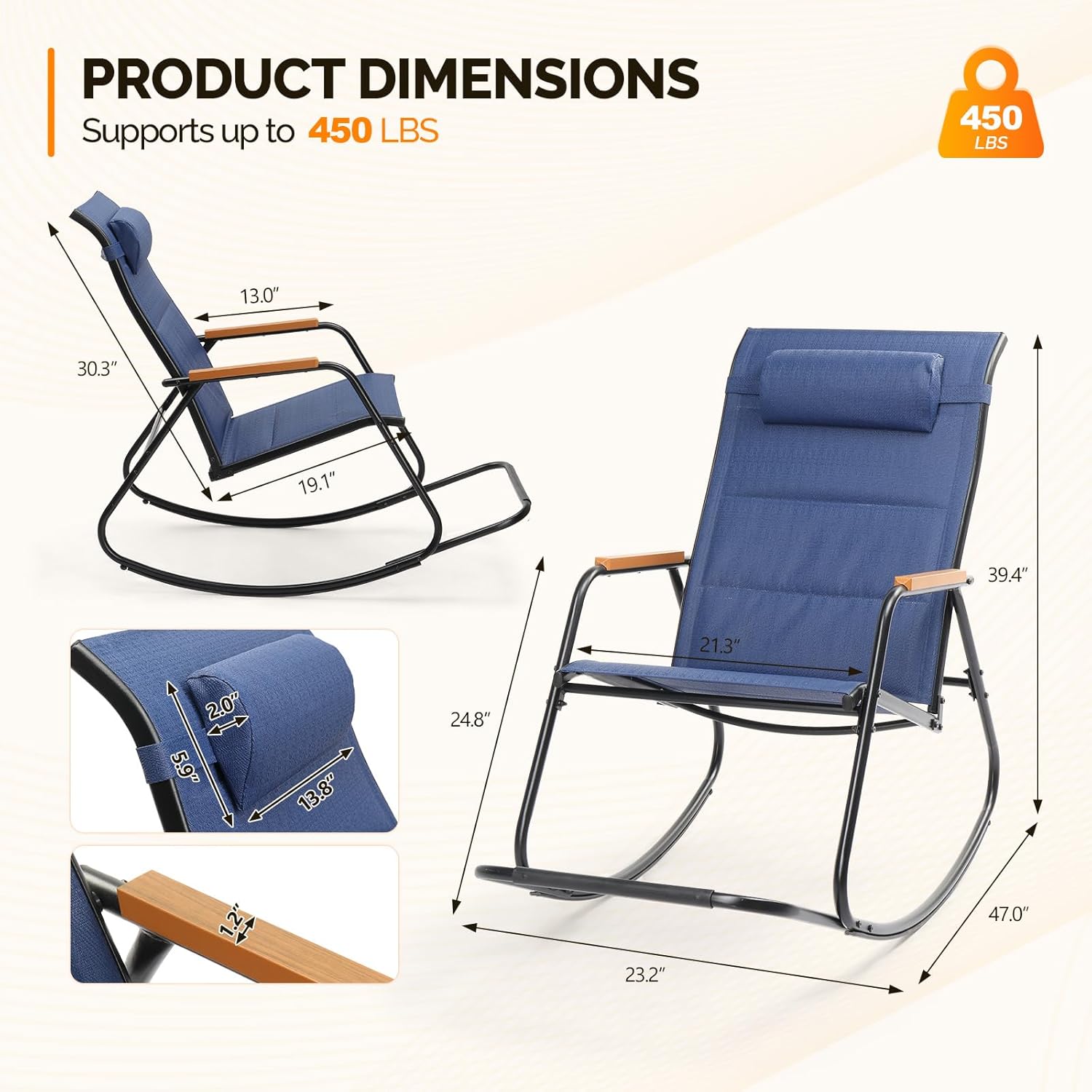 VINGLI Outdoor Rocking Chair, 450lbs Capacity Portable Outdoor Rocker with Footrest, Hard Armrests, Pillow, All Weather Porch Rocker for Garden, Living Room, Patio, Lawn (Blue, with footrest)