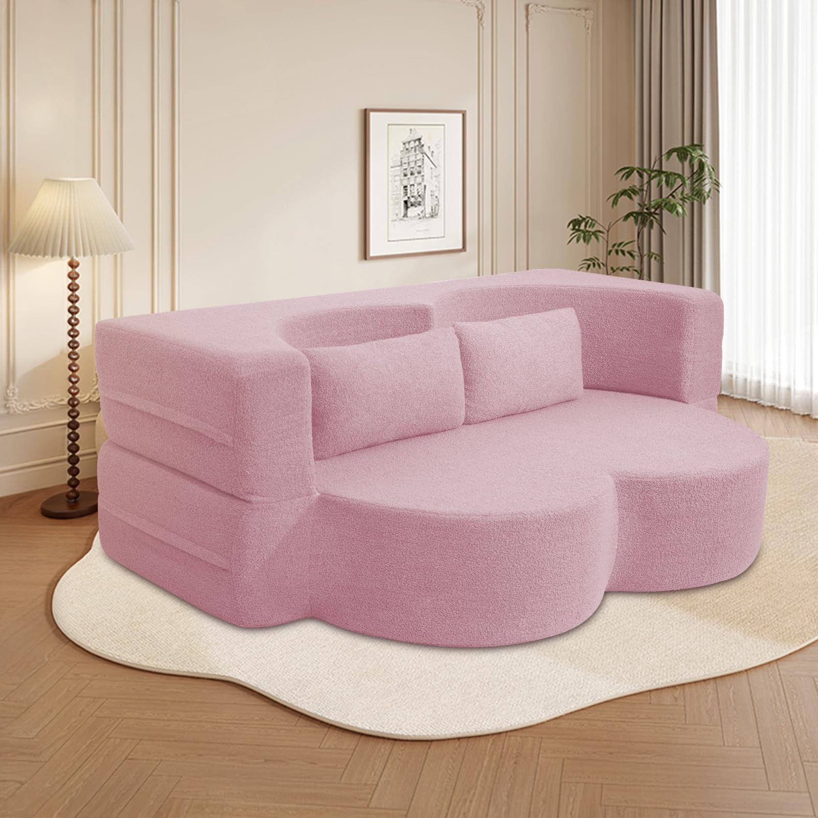 Convertible Sleeper Folding Sofa Bed, Corduroy Loveseat Sofa Boneless Couch | Teddy Boneless Couch, Foldable Sofa Bed Full Size with 2 Pillows for Living Room, Bedroom, Apartment, Guest