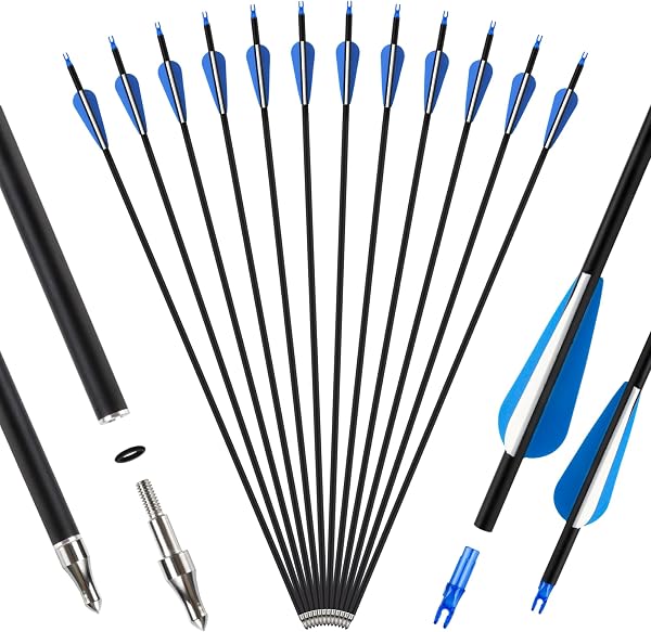 SERfawnCH 12 Flèches Carbone Mixte 30 Pouces pour Chasse et Ciblage - Compatible Arc Classique, Long et Droit (Flèches en Fibre de Carbone) - 1